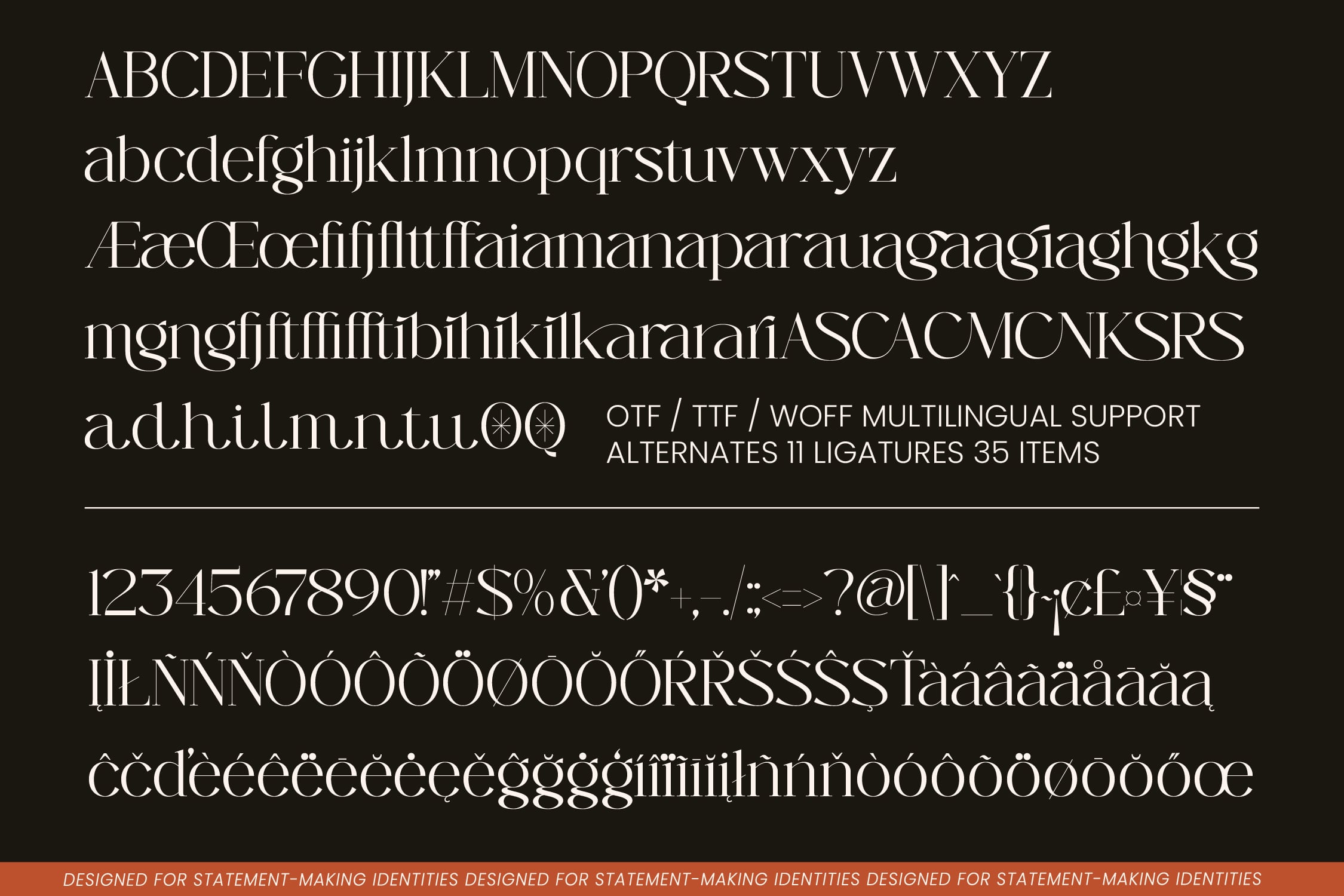 Elegant serif typeface displaying full character set with multilingual accents, ligatures, numbers, symbols on dark background