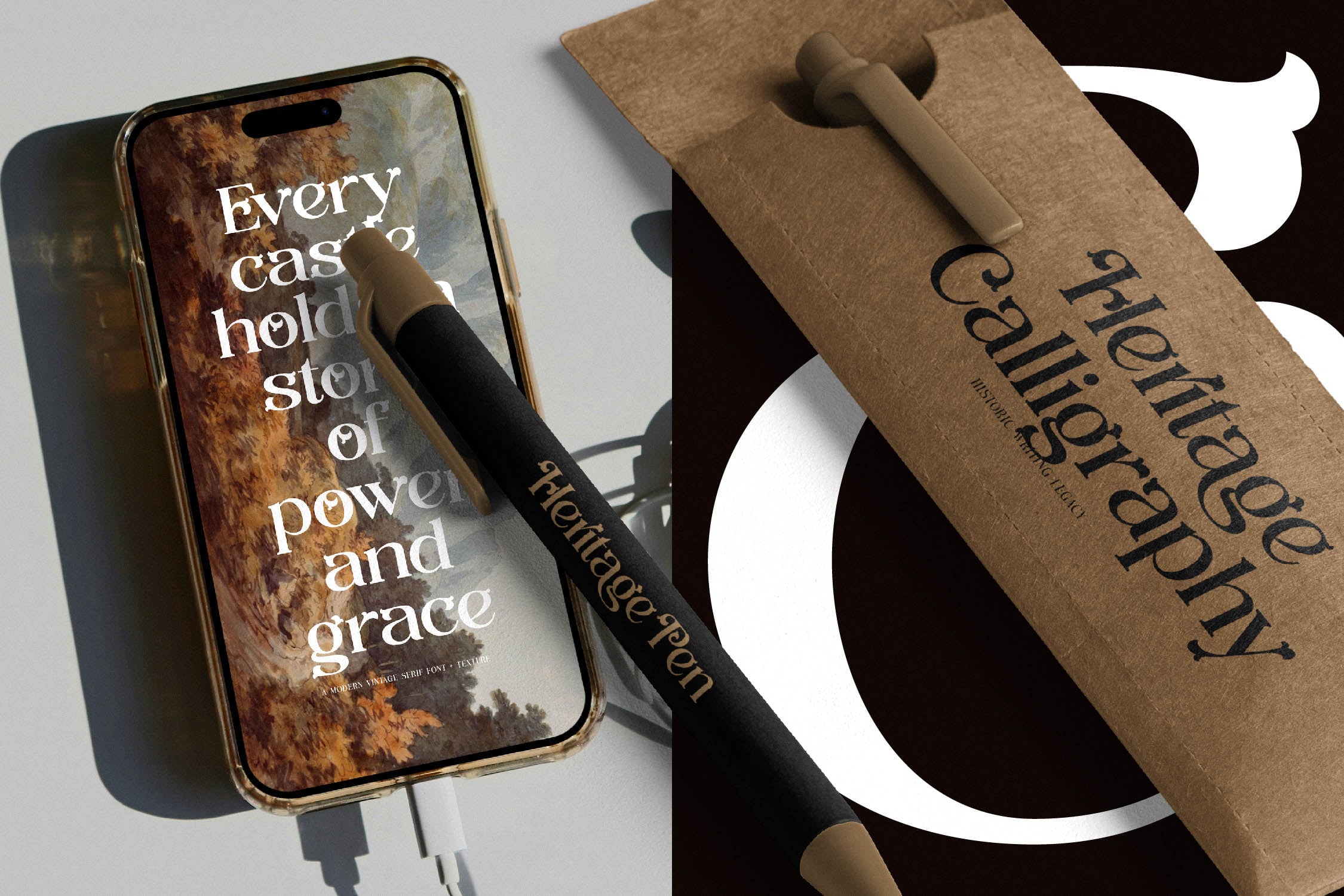 Phone mockup with inspirational text next to kraft packaging with black pen product shot