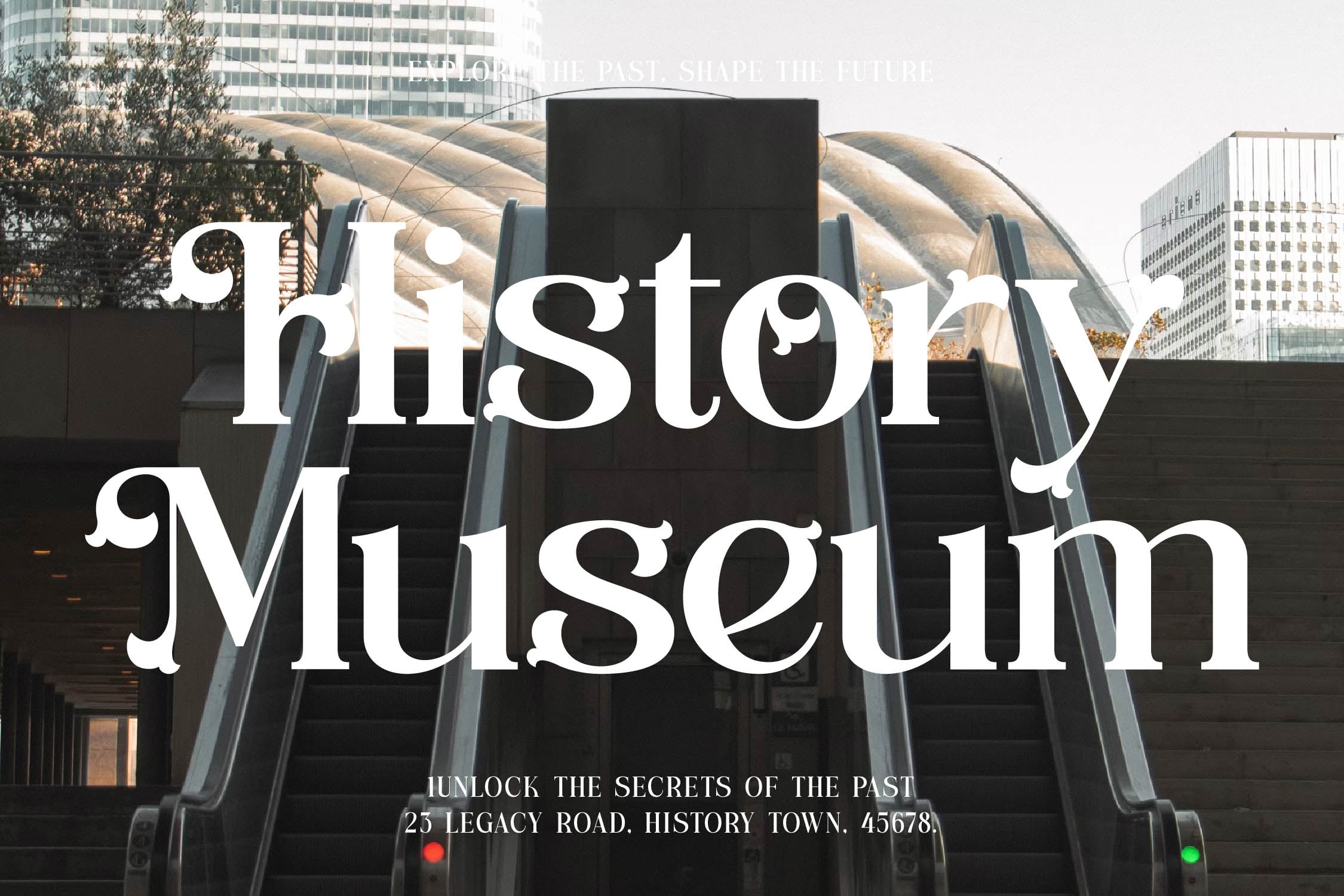 Museum poster mockup with serif typography overlaid on Chicago architecture photo featuring iconic stairs