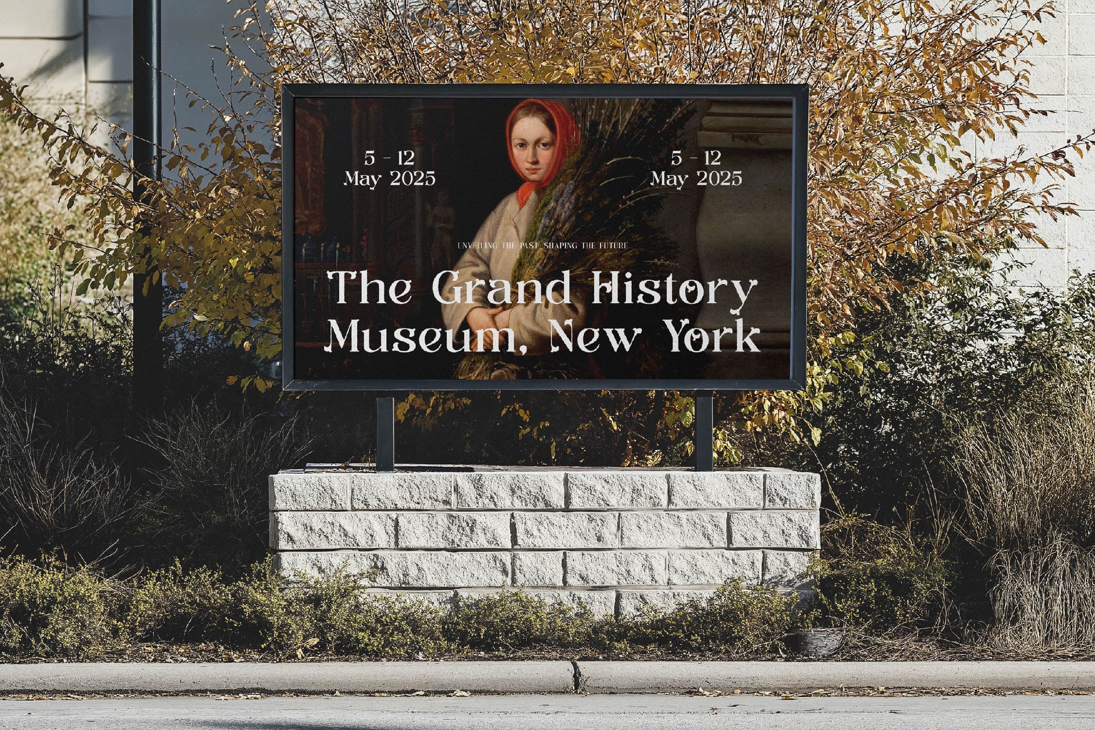 Outdoor billboard mockup showing museum exhibition dates with classical portrait on dark background