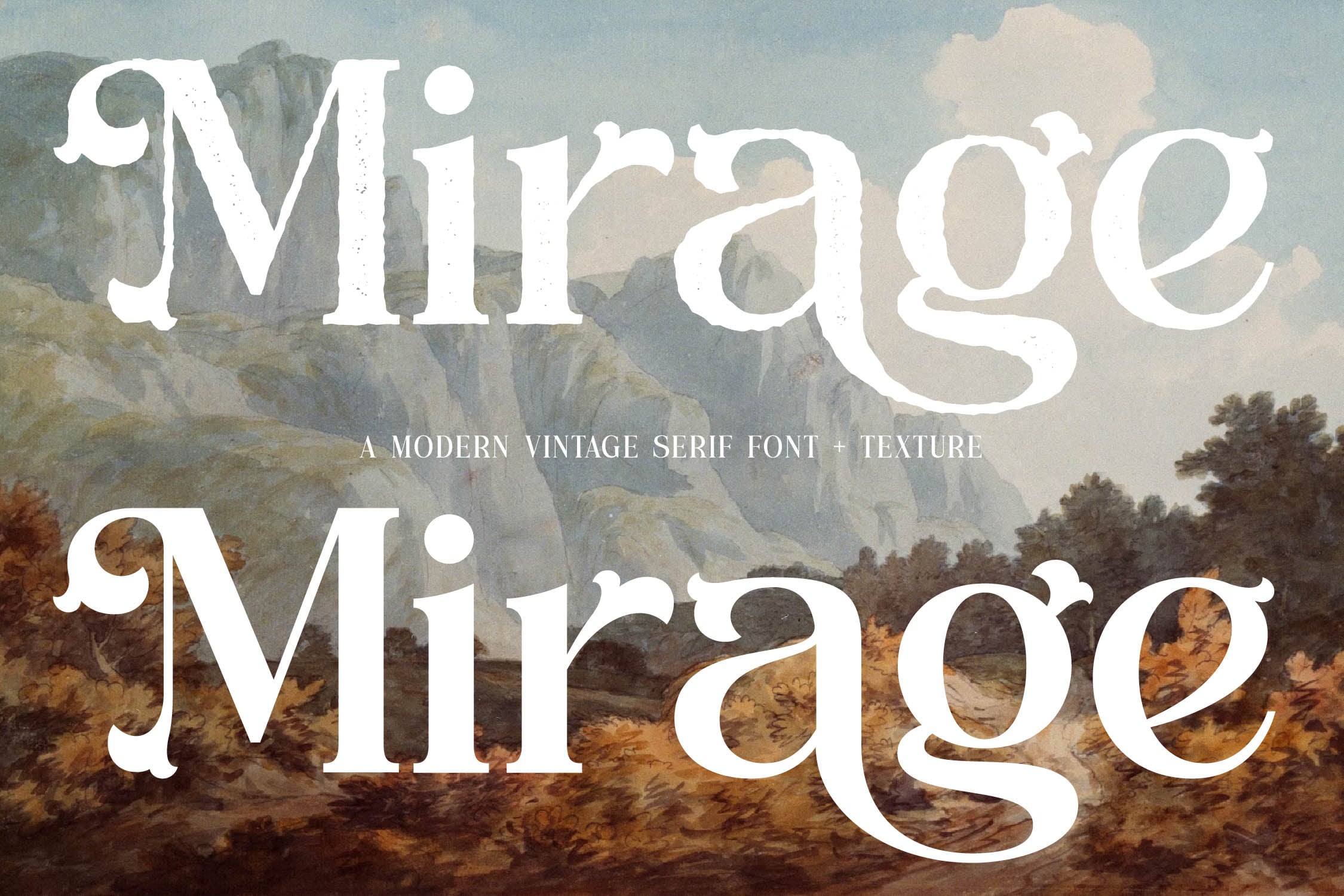 Mirage serif font displayed over moody landscape painting with mountains, showing vintage texture overlay