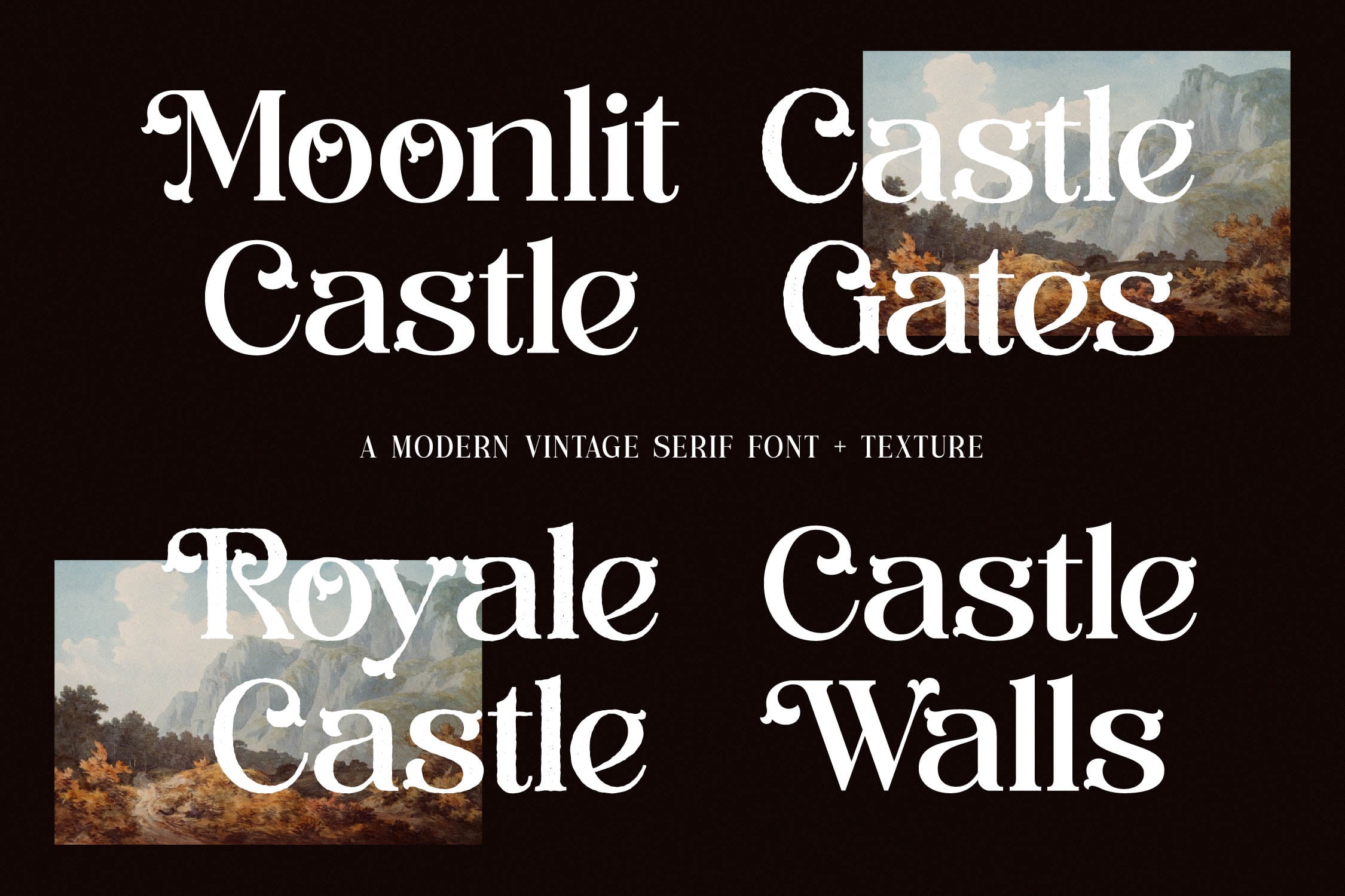 Elegant serif font with ornate details layered over moody landscape paintings on dark background