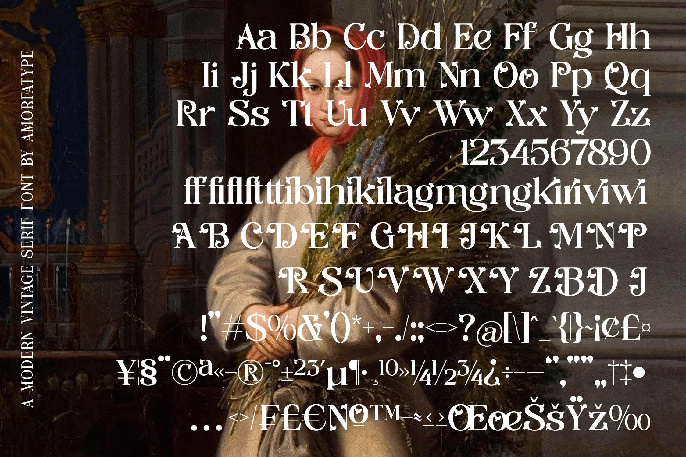 Vintage serif font with full character set, numbers, ligatures, plus symbols overlaid on classical portrait