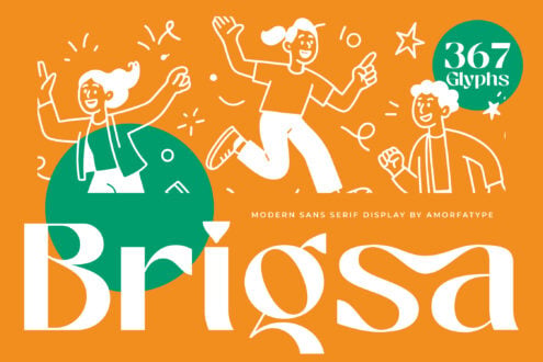 Brigosa font with cheerful line art characters celebrating on bright orange background