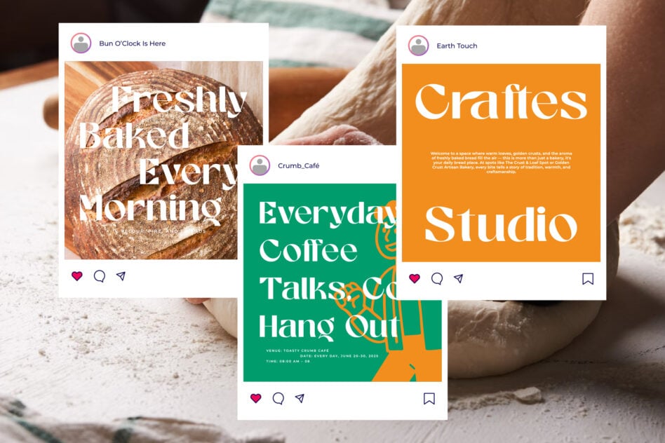 Social media mockup showing three branded posts for bakery, coffee shop, plus crafts studio on warm neutral background