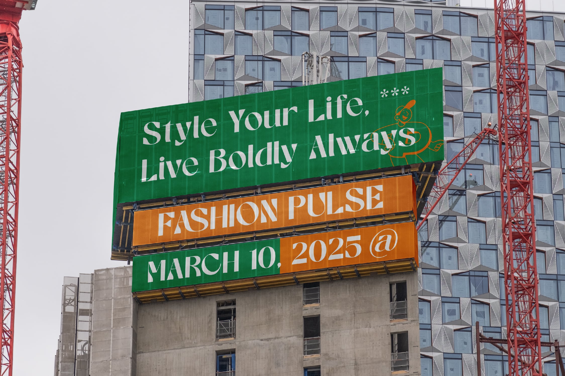 Retro billboard mockup with green, orange, white text on urban building backdrop