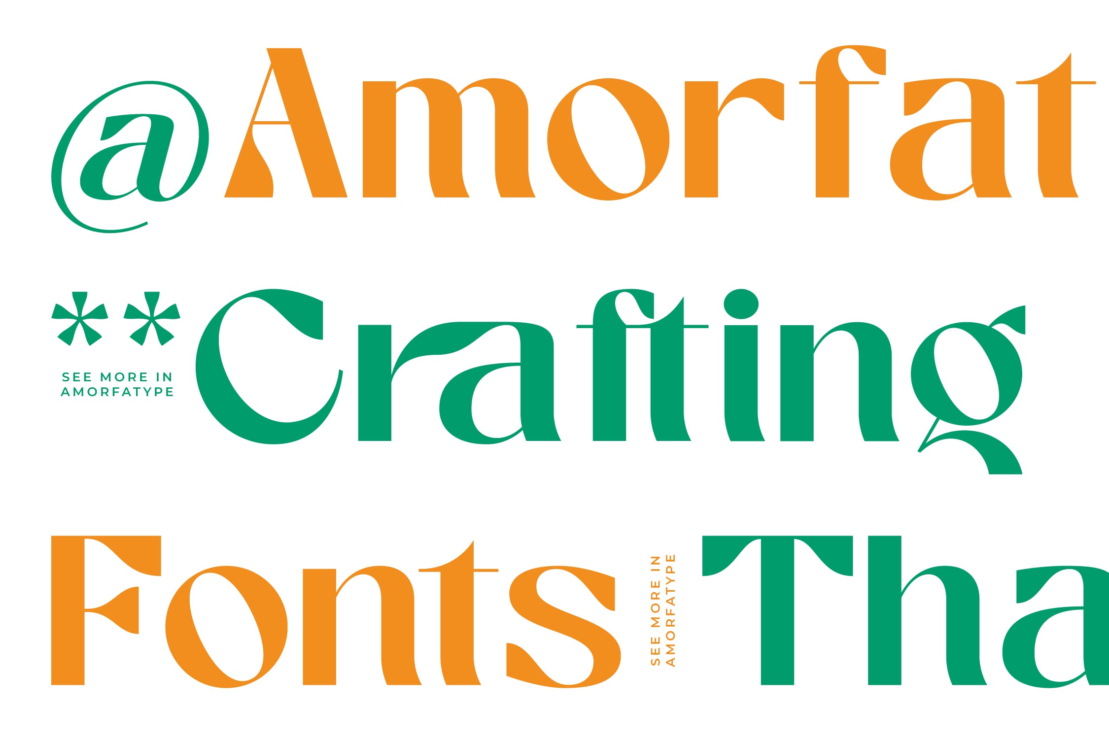 Amorfati Crafting Fonts typeface display in orange plus teal with decorative leaf details