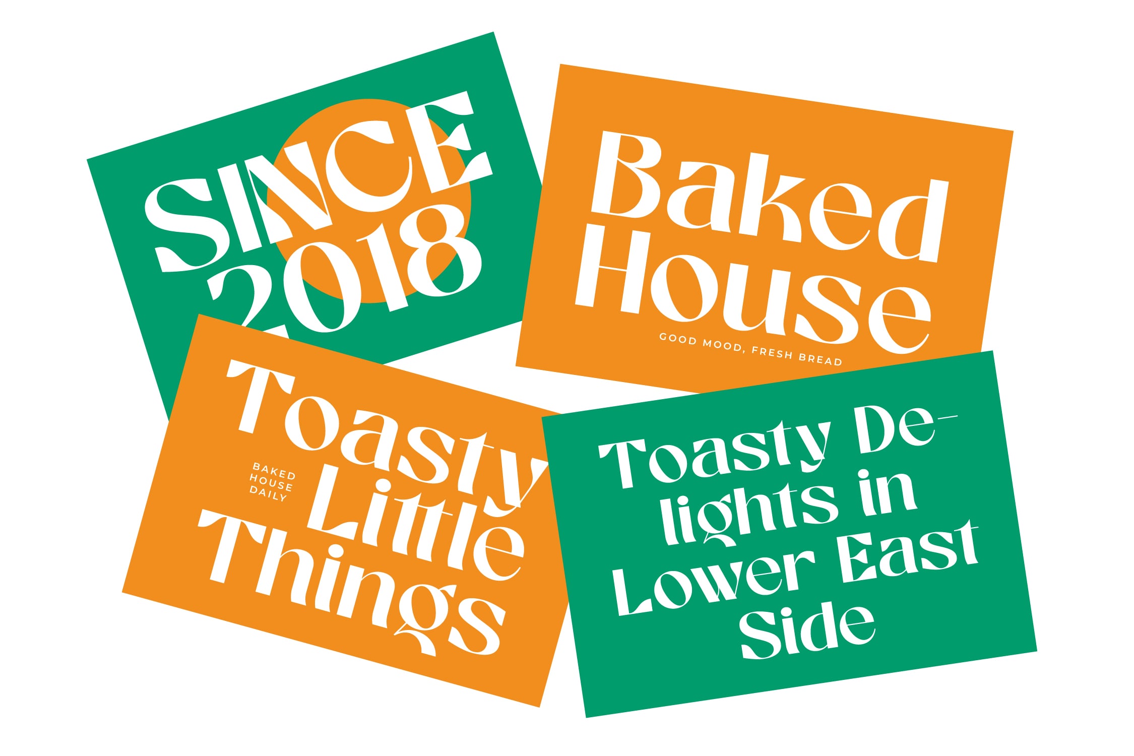 Four overlapping business cards in green, orange with white serif typography for bakery branding