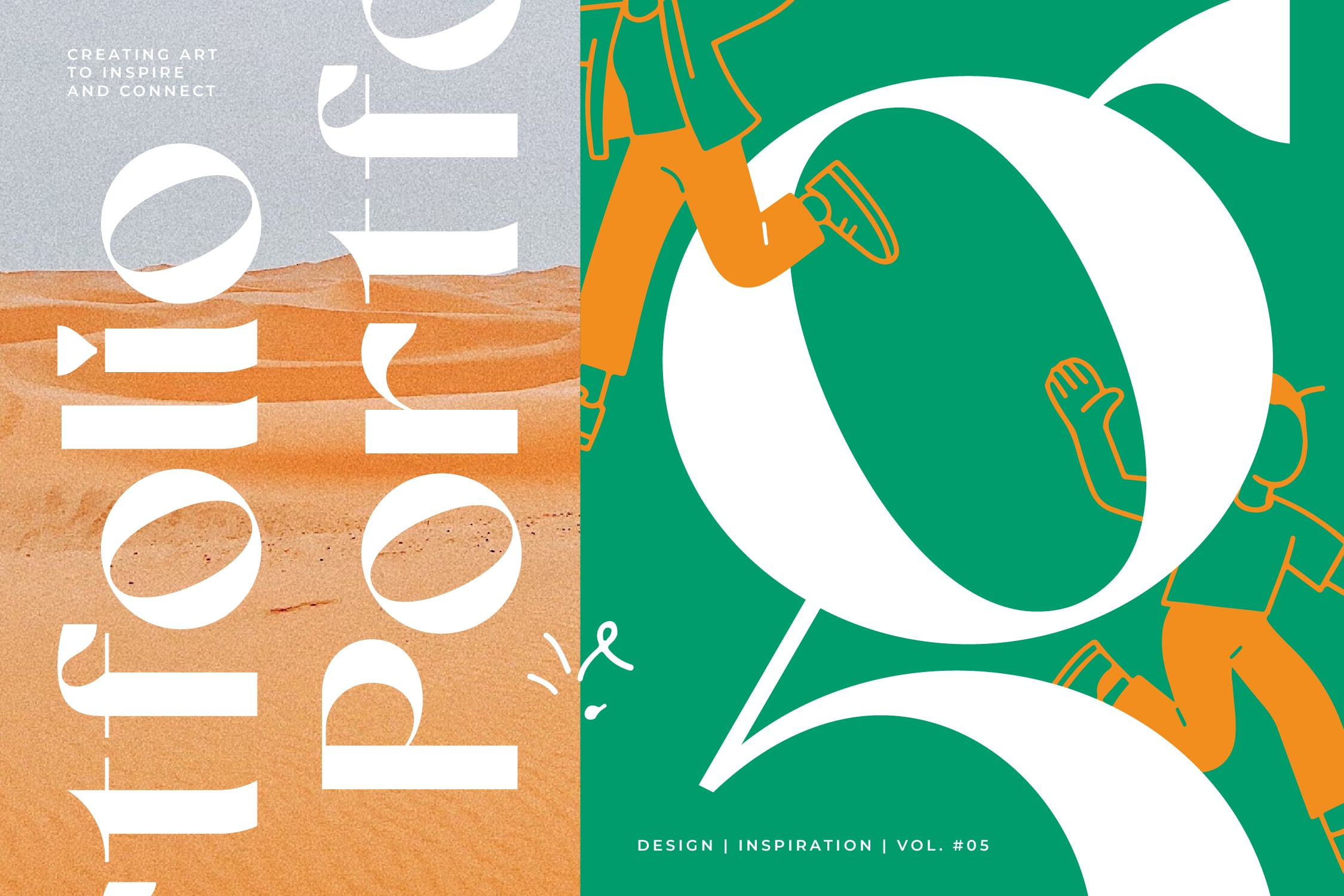 Split layout magazine cover with orange textured left side, green right side with illustrated figures in orange, large white organic shapes