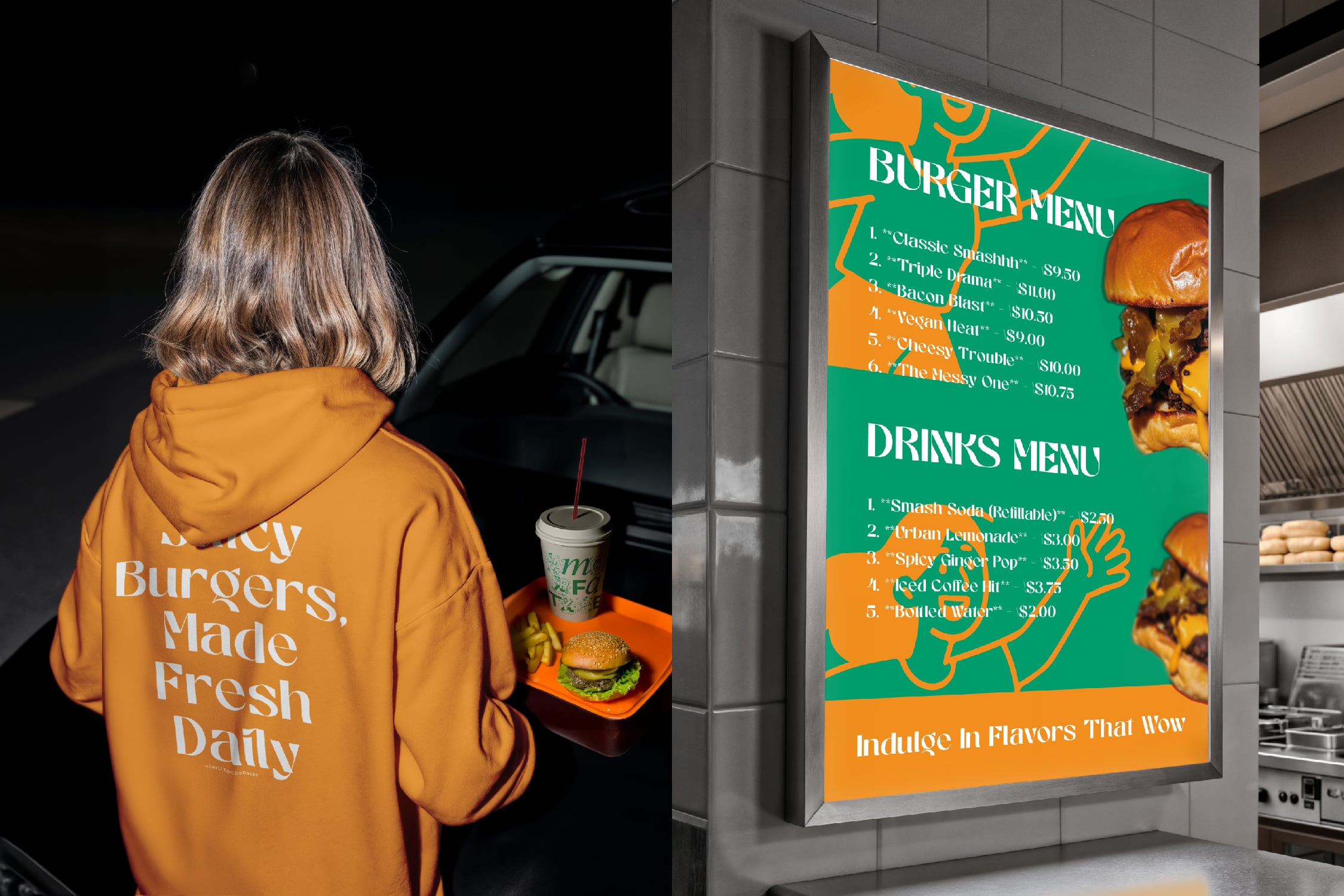Worker in orange hoodie holding burger next to green menu board displaying burger options with prices