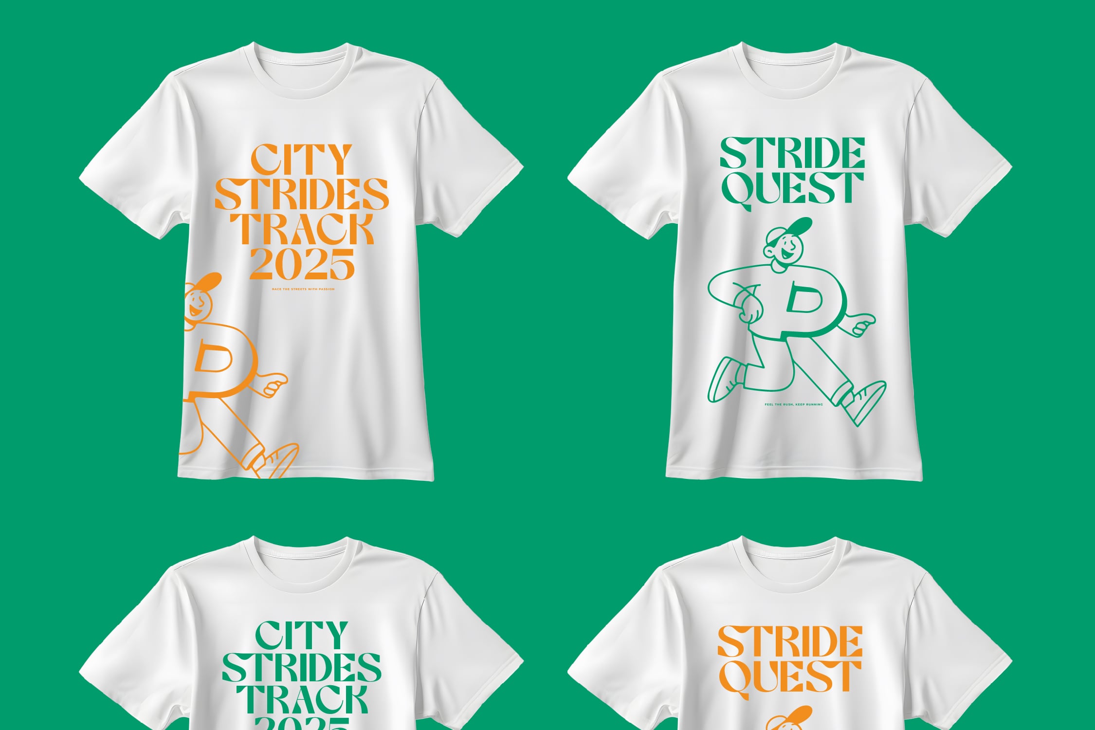 Four white tees with City Strides Track colorful text layouts plus playful running mascot illustrations