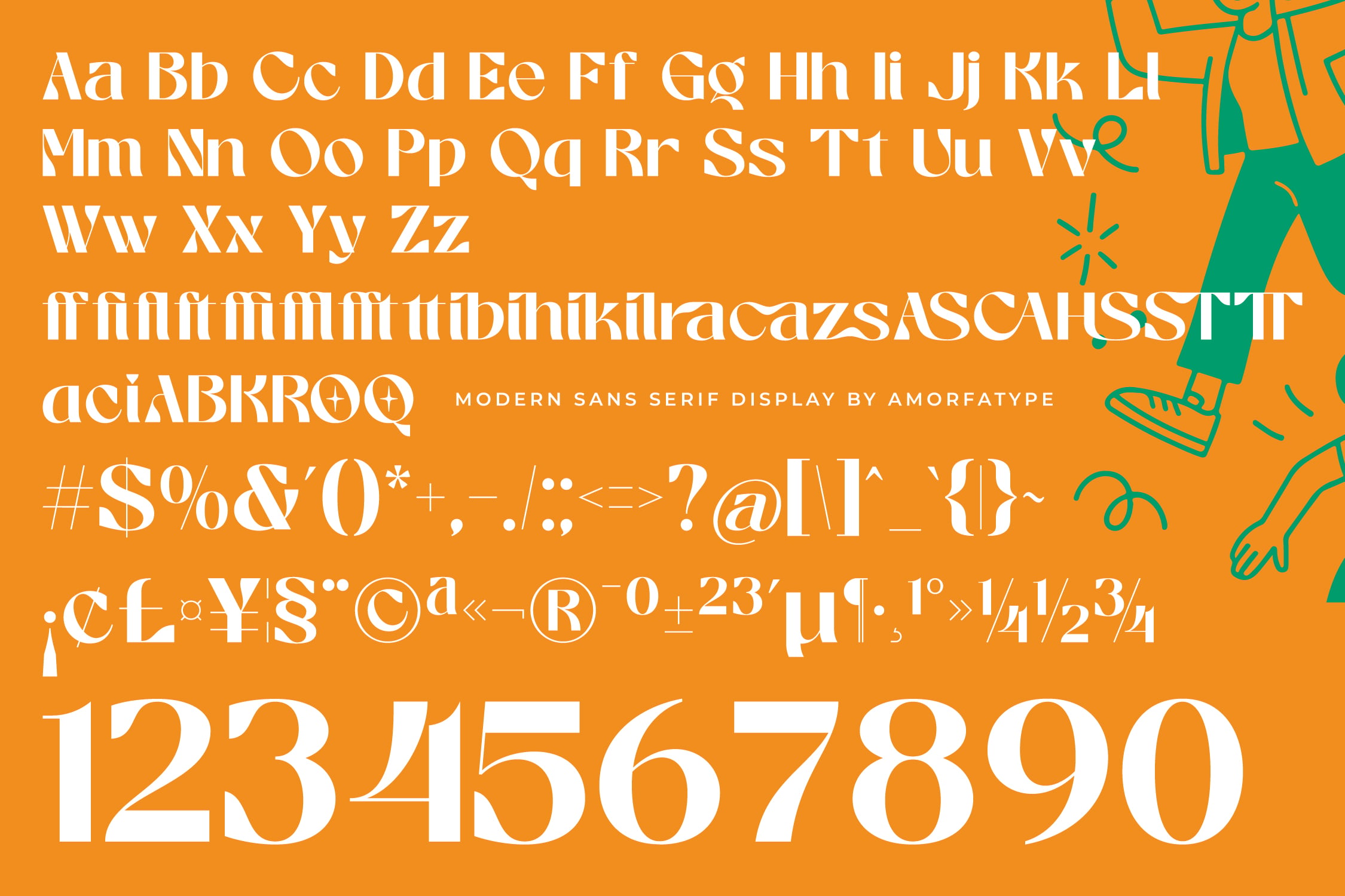 Bright orange background with complete sans serif typeface alphabet, numbers, symbols, plus green hand-drawn botanical doodles