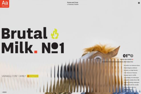 Brutal Milk No1 typeface display with bold black letters, yellow flame icon, red square accent, variable font family with 9 styles shown