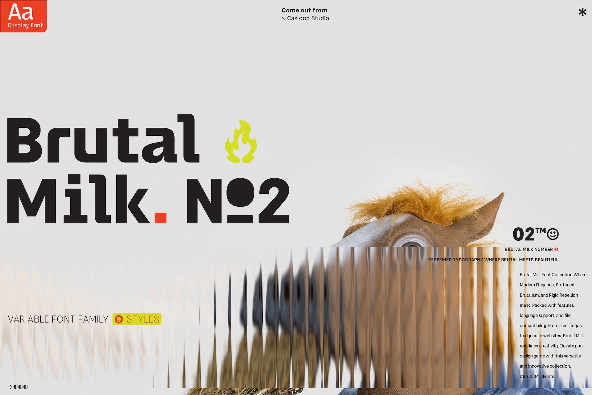 Brutal Milk No2 display font with variable weights shown over blurred animal texture background