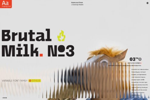 Brutal Milk No3 display font with yellow flame icon, bold black letters on gray background