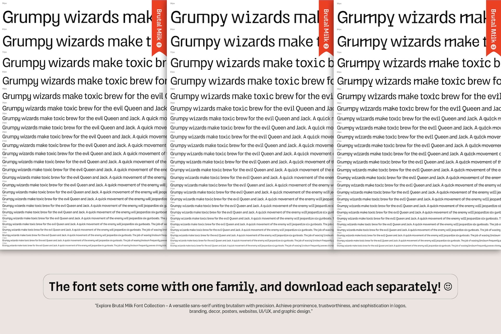 Brutal Milk font family displayed across three columns with red bookmark tabs