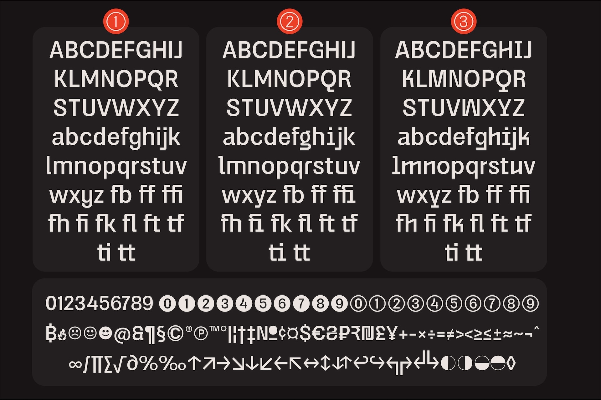Three font weight variations with full character set, ligatures, numbers, symbols on dark background