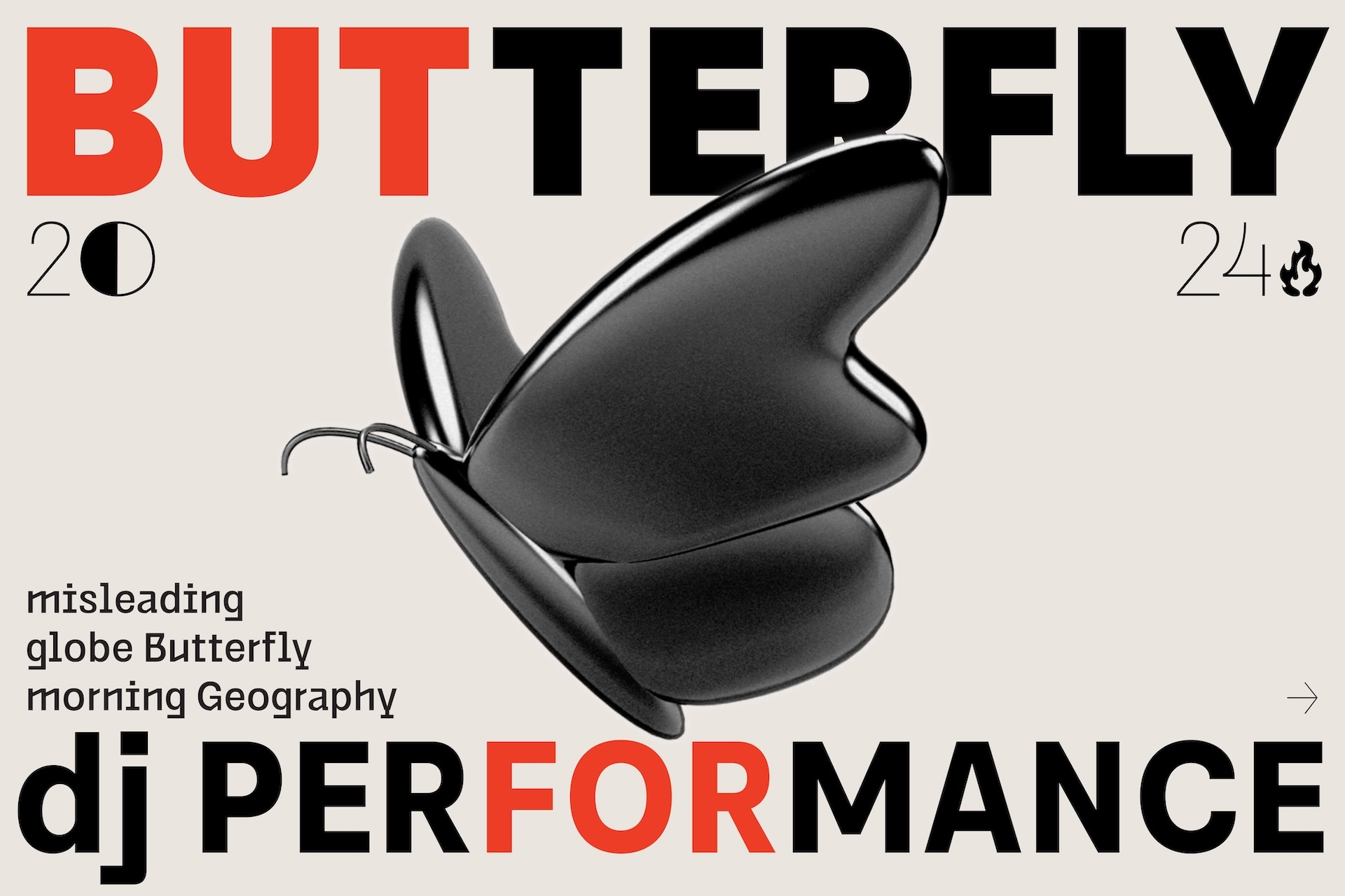 Bold magazine cover with red, black text, 3D butterfly sculpture, cream background