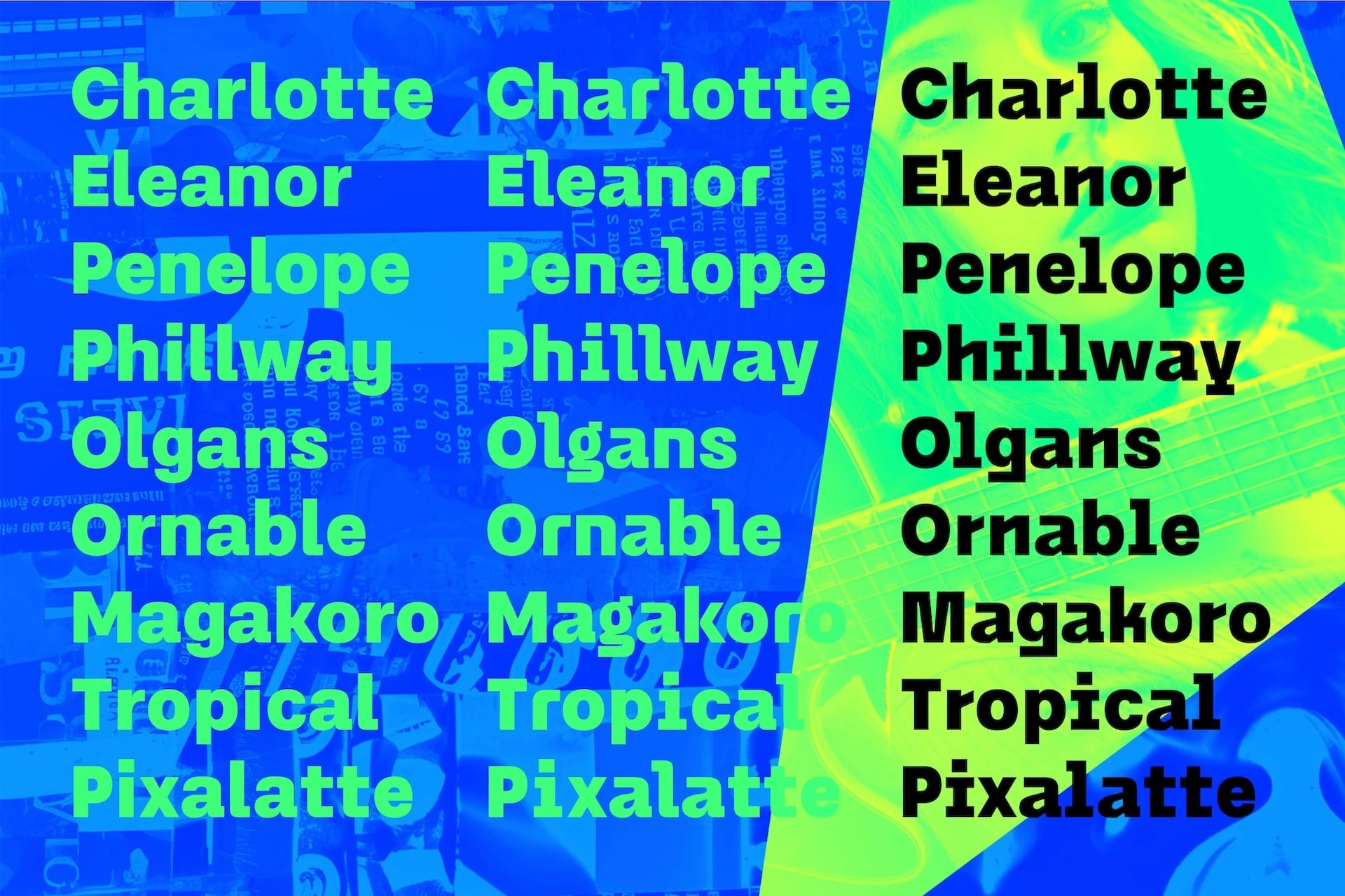 Vibrant font specimen showing bold typeface in neon green on blue, black on lime gradient
