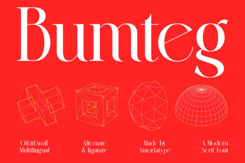 Bunteg serif font with gold wireframe 3D shapes on bright red background