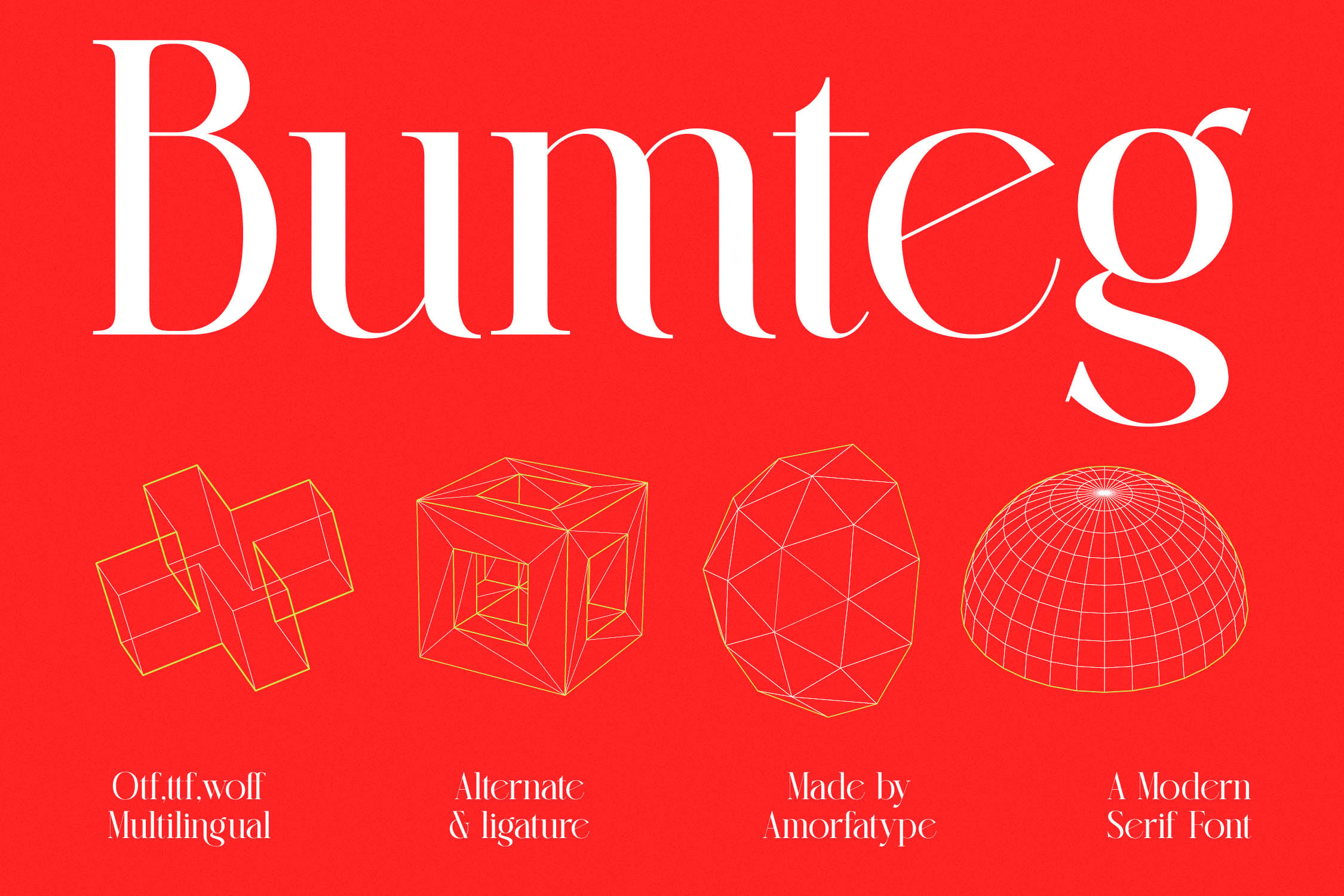 Bunteg serif font with gold wireframe 3D shapes on bright red background