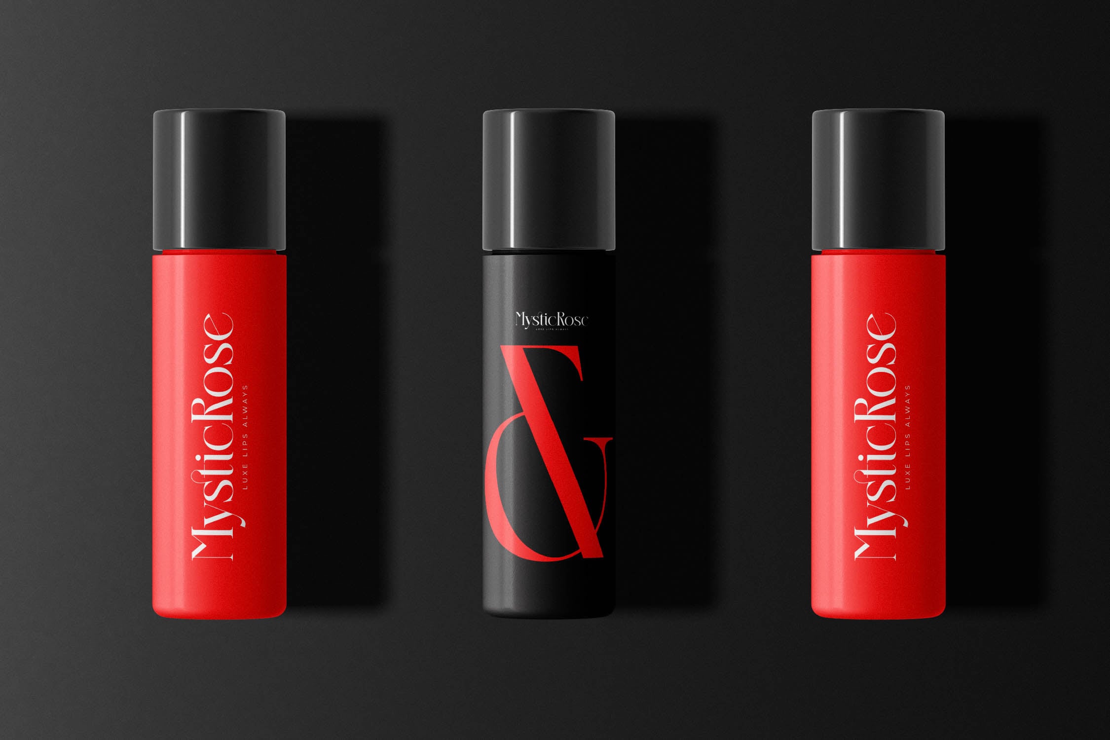 Cosmetic spray bottles mockup with red, black, silver finishes on dark background