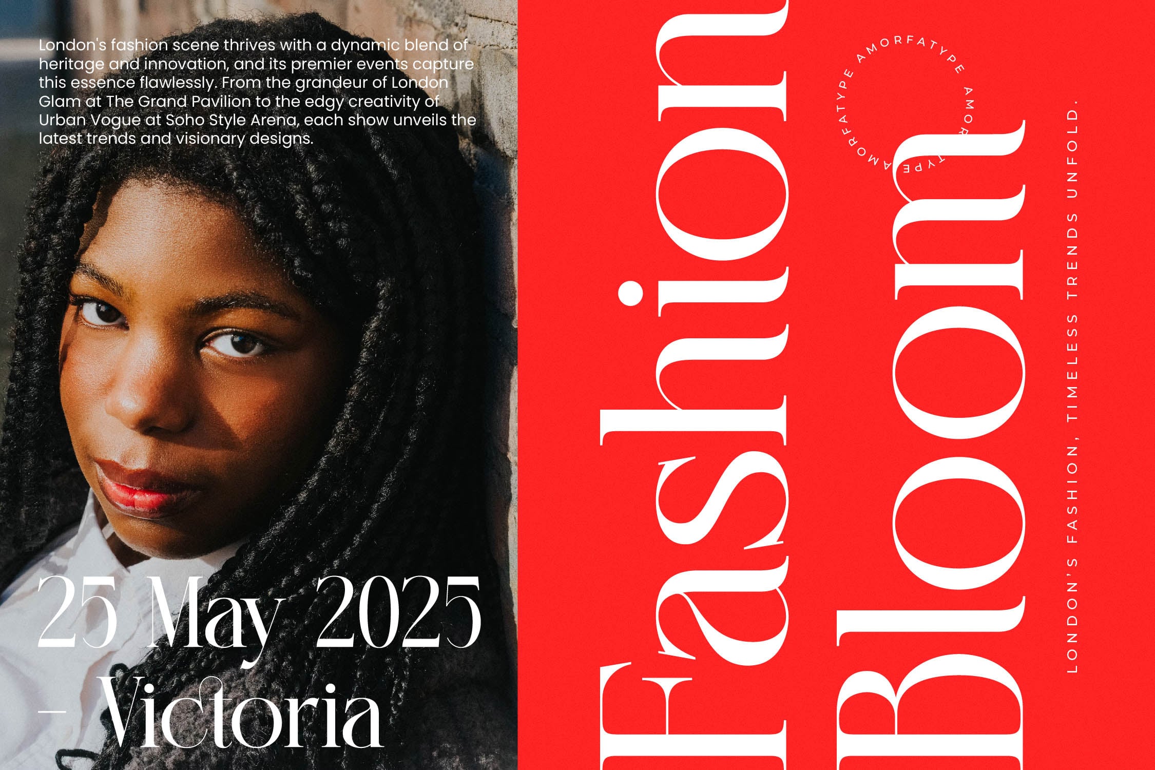 Fashion magazine cover mockup with portrait photo, bold red side panel, white serif typography, event details, Victoria location