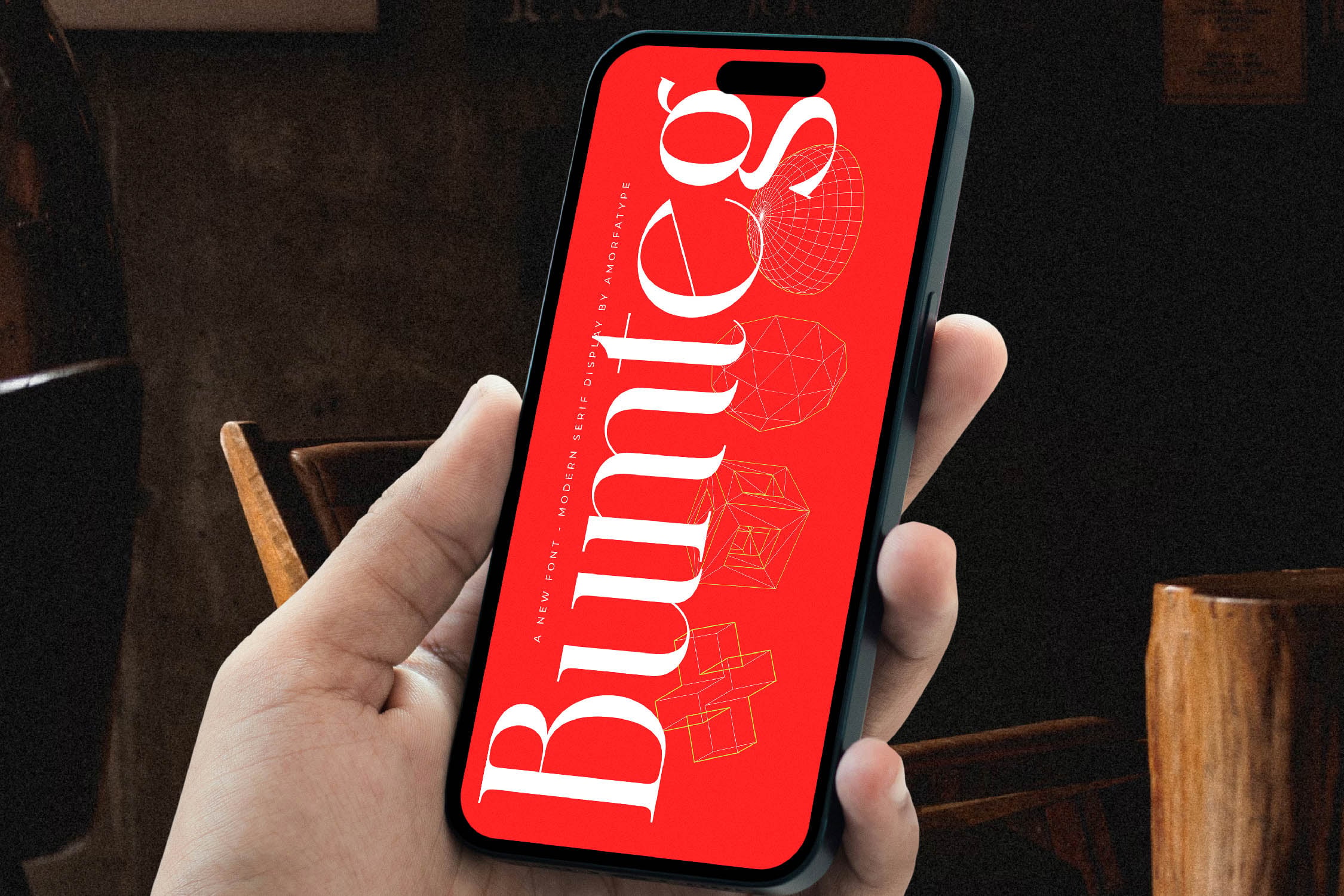 Bright red phone screen displaying "Blume" typography with geometric wireframe shapes, held in hand