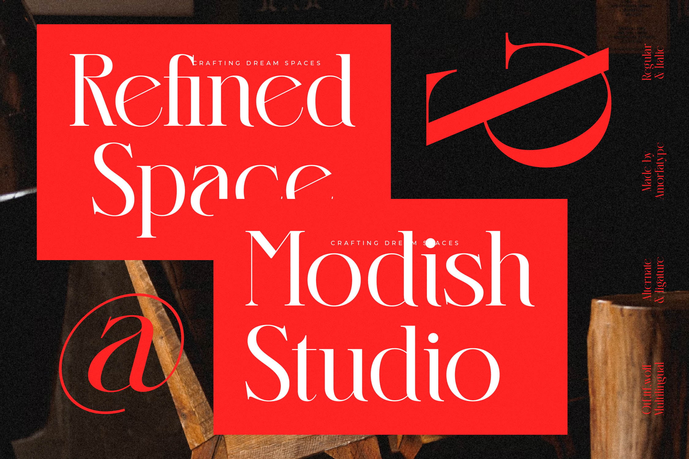 Bright red geometric branding mockup with elegant serif type on dark interior background