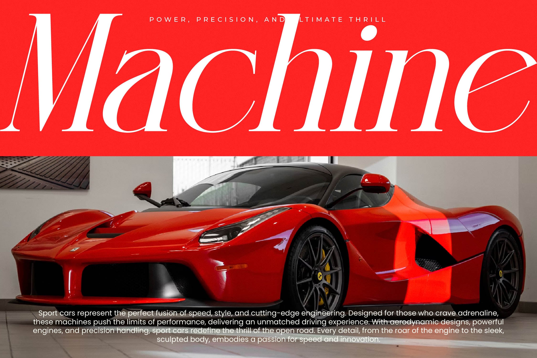 Sleek red sports car mockup with bold white serif typography on bright red background