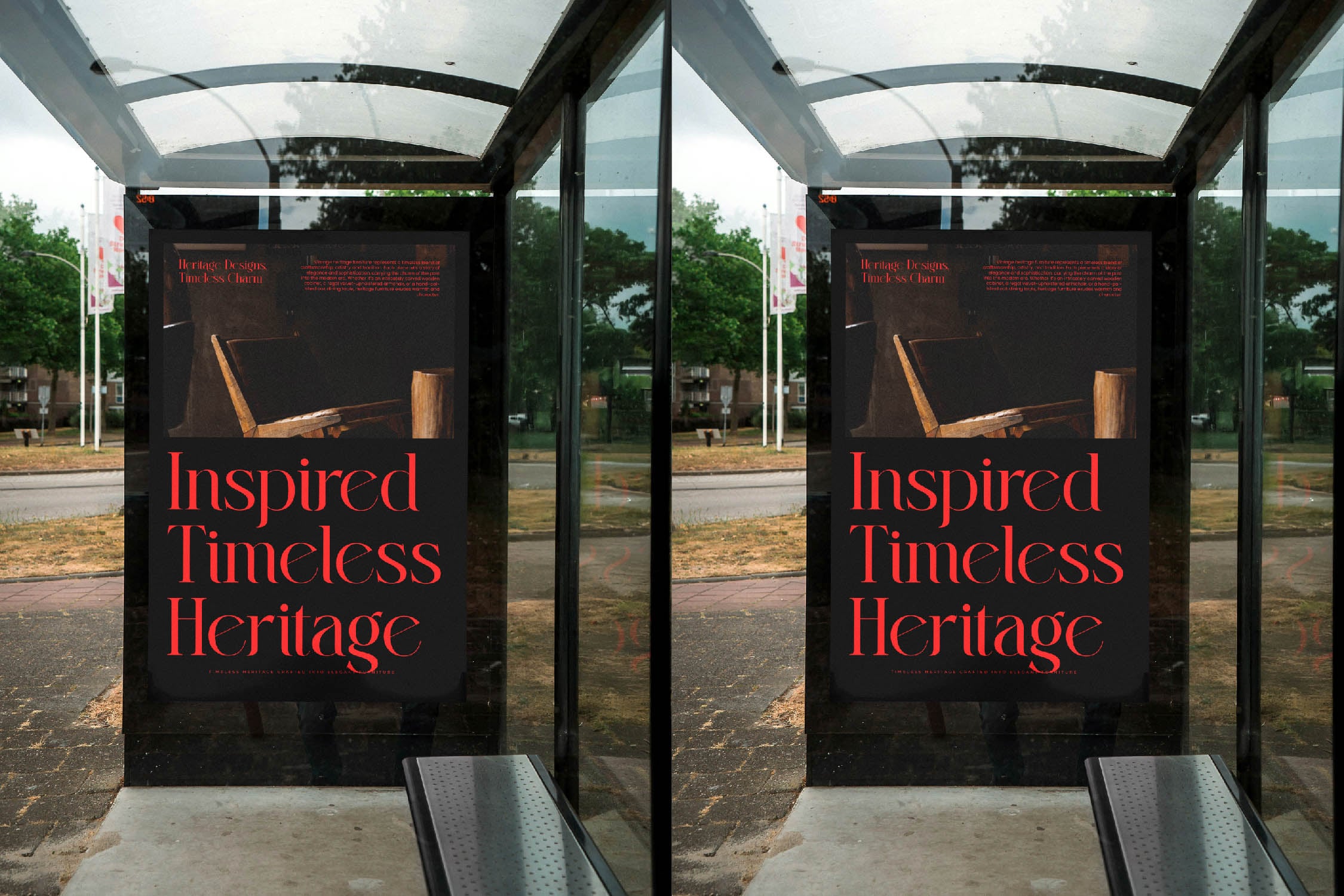 Bus shelter poster mockup showing red serif typography on black background with wooden furniture imagery