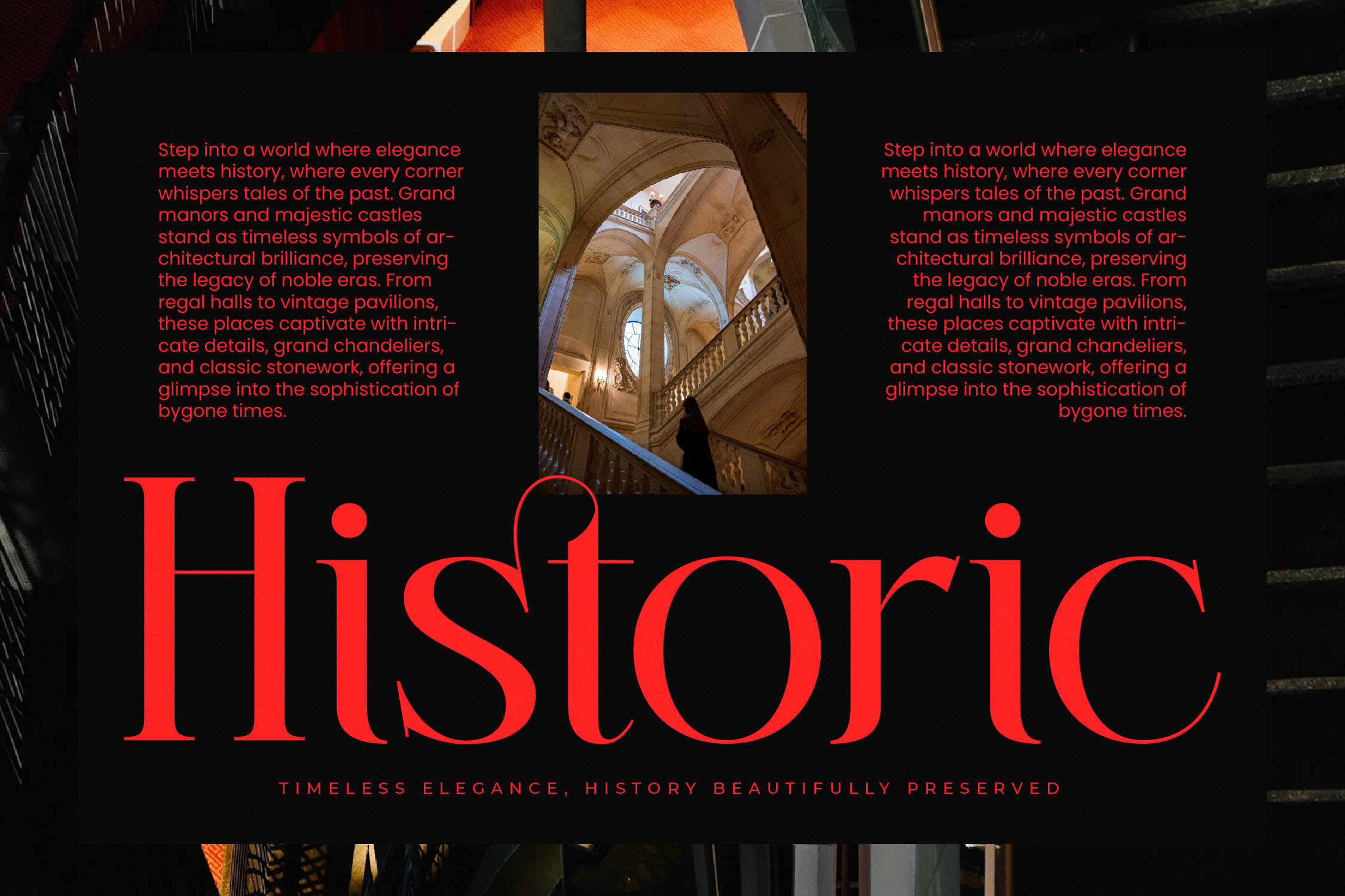 Historic grand interior with red serif typography on black background layout