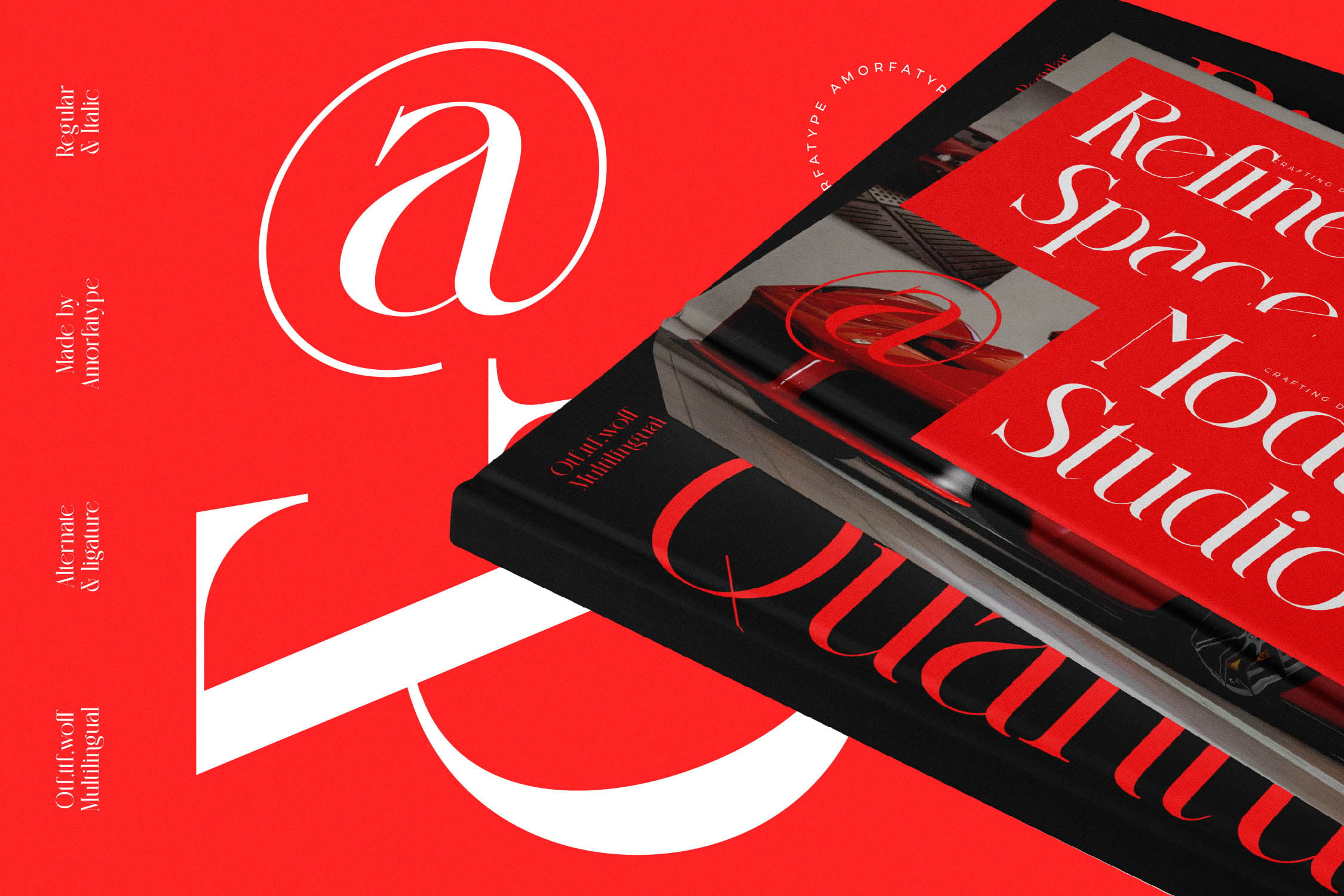 Stacked red book covers with serif typography on bright red background with large white letters