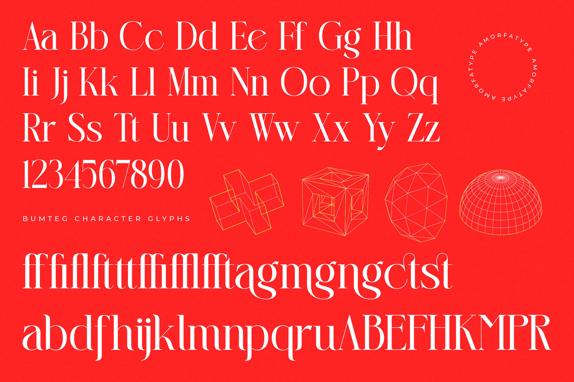 Bumteg serif font with full character set, numbers, ligatures on bright red background
