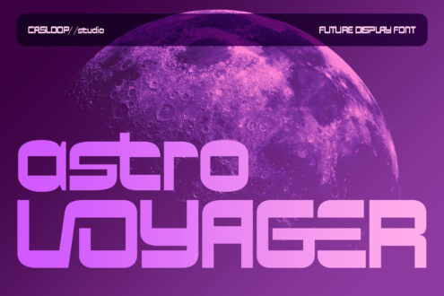 Neon pink display font layered over a glowing purple moon with sci-fi vibes
