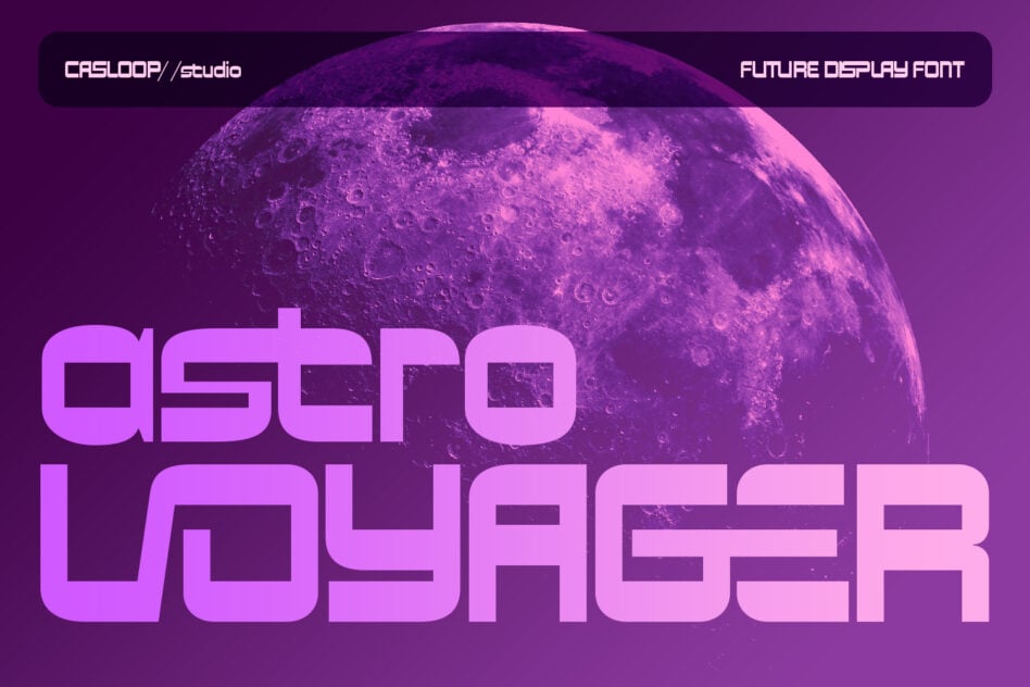 Neon pink display font layered over a glowing purple moon with sci-fi vibes