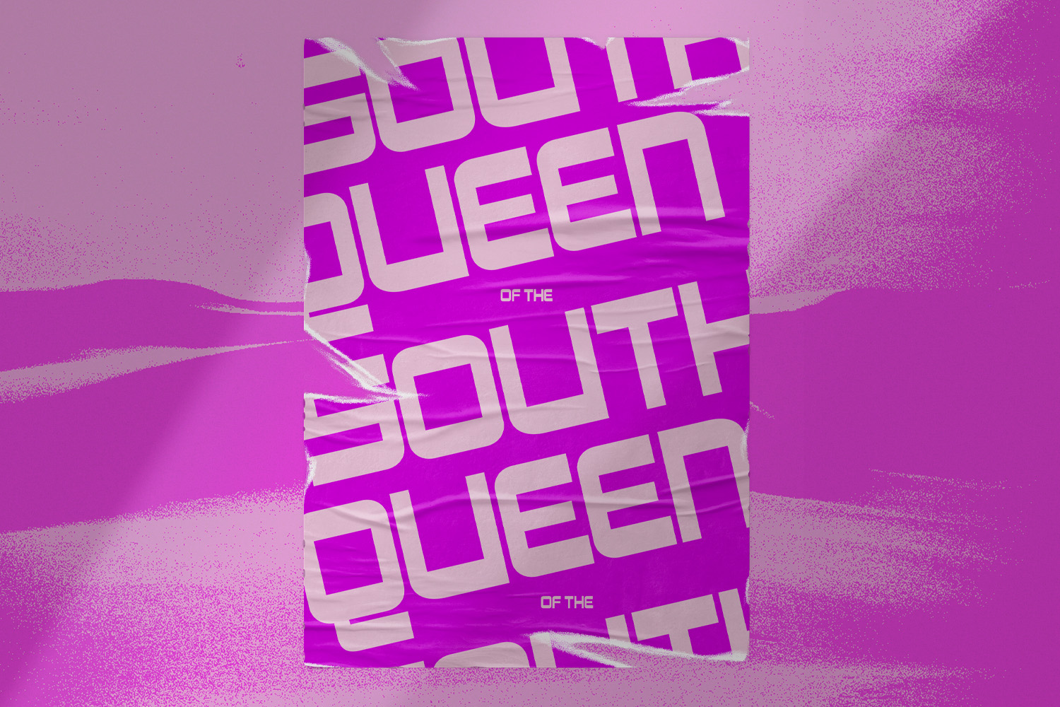 Bold magenta poster mockup with chunky 3D typography against vibrant grainy background