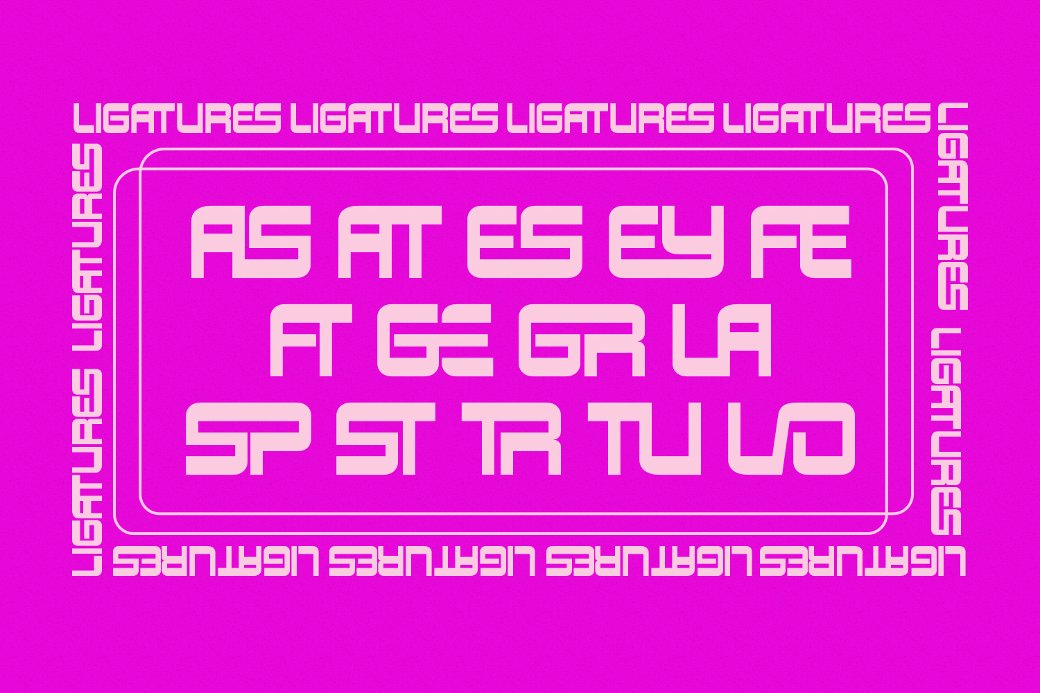 Bright magenta retro poster with blocky geometric typeface, neon border frame, repeating text pattern