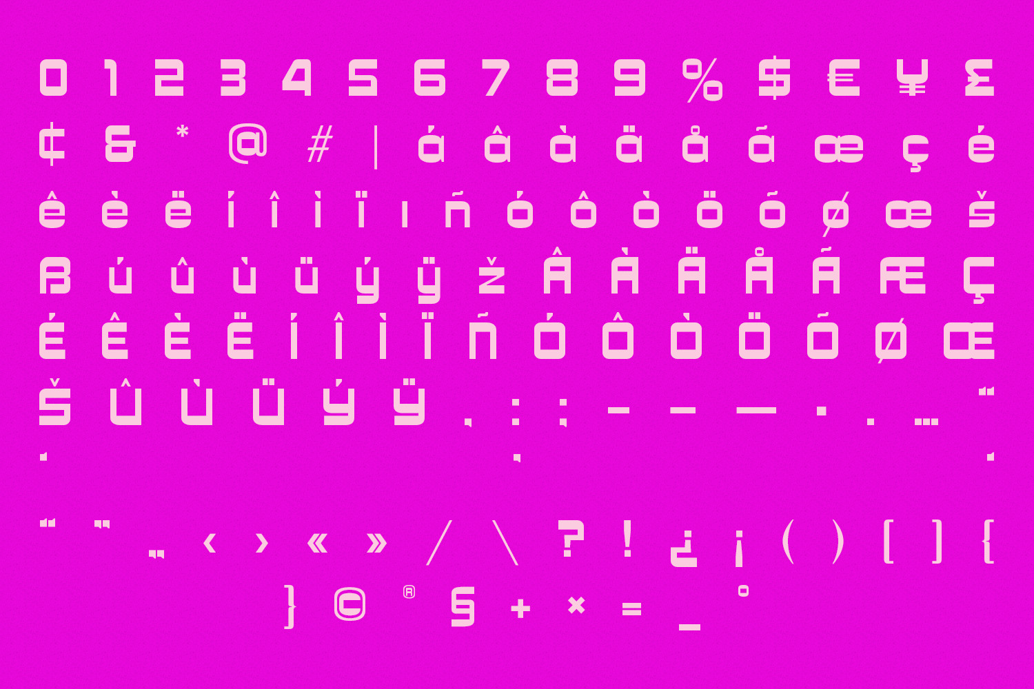 Bright magenta font showcase with numbers, letters, symbols, currency signs on hot pink background