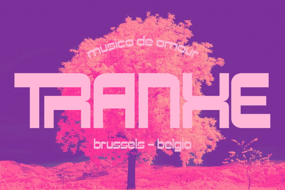 Surreal tree poster with bold pink typography on purple background, Brussels travel design