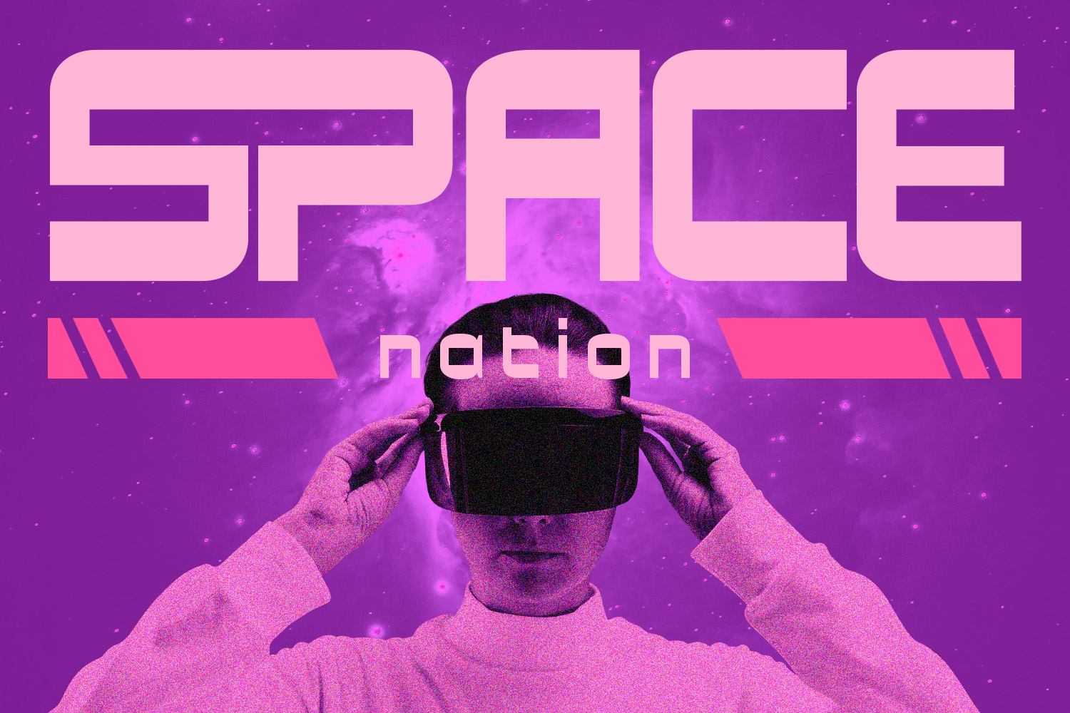 Space notion VR headset mockup with neon pink typography on purple