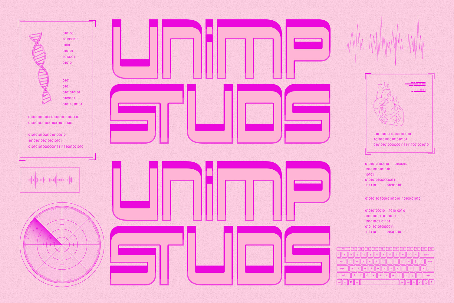 Neon pink biotech aesthetic mockup with DNA helix, waveforms, heart diagram, radar, keyboard on pale pink background