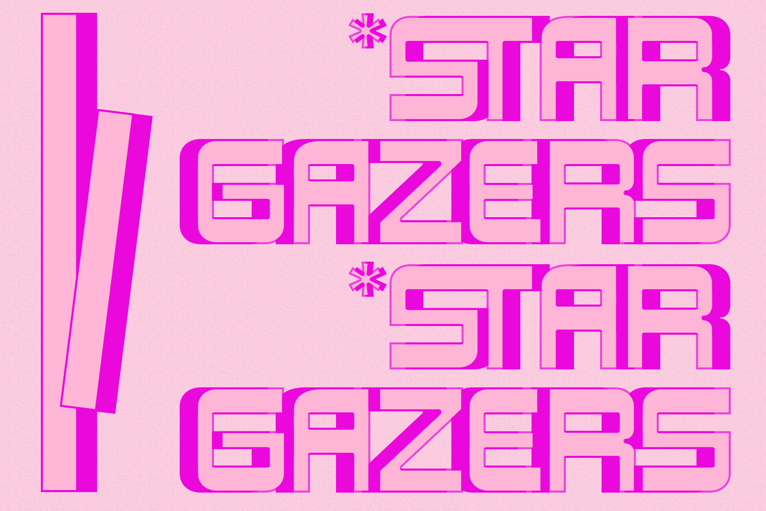 Bright magenta outlined typography on soft pink background with geometric shapes on left side