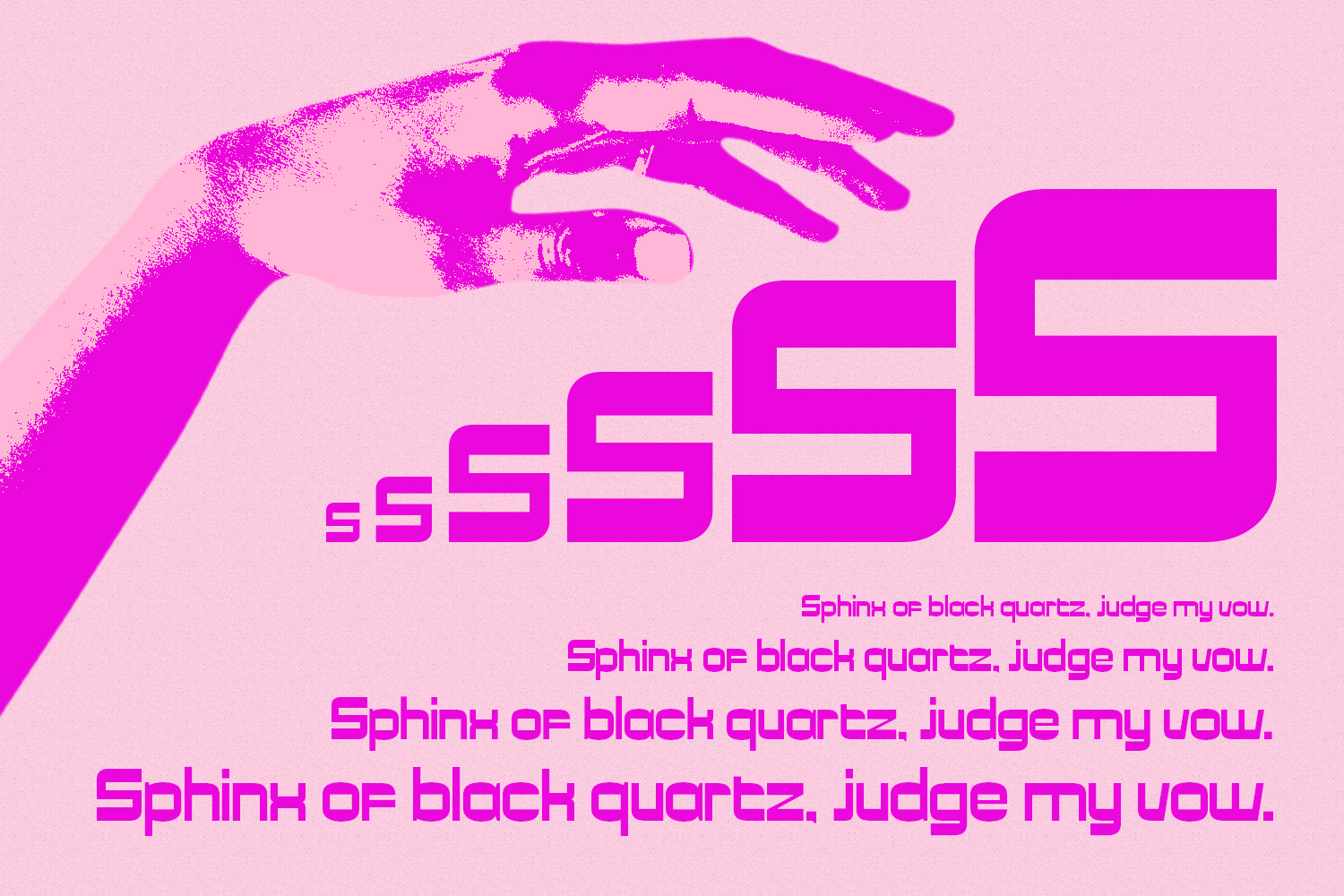 Bright magenta hand reaching over bold geometric typeface on soft pink background with repeated text samples below
