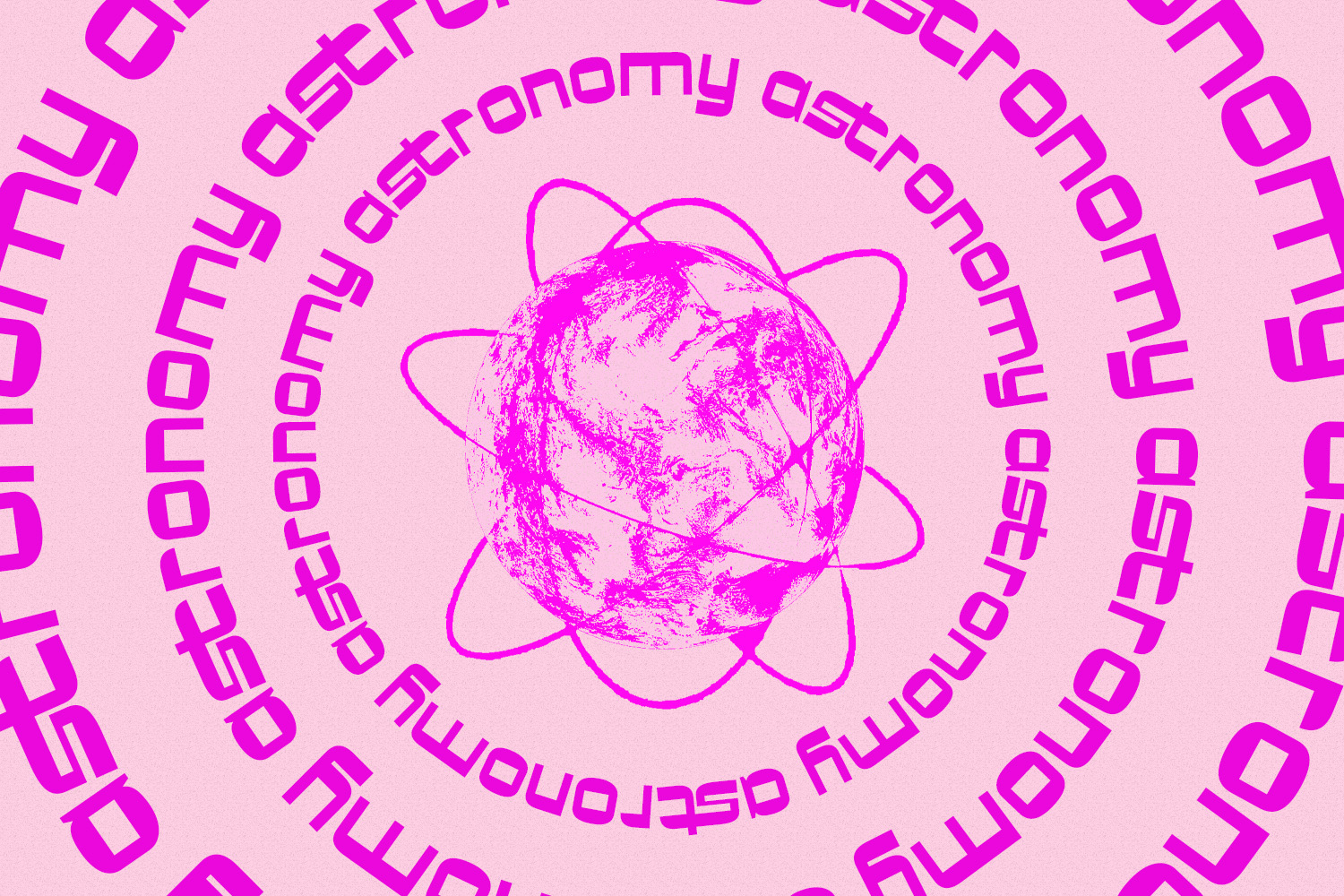 Neon pink globe with orbital rings on pastel background, repeating astronomy text