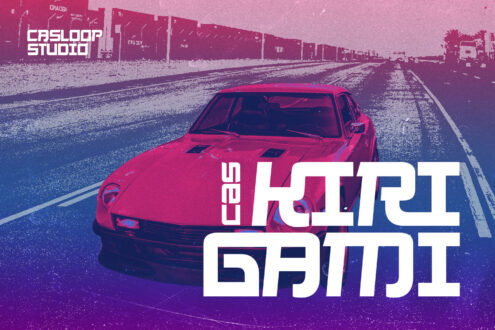 Red sports car on desert highway with synthwave vibe, magenta blue gradient overlay, industrial backdrop