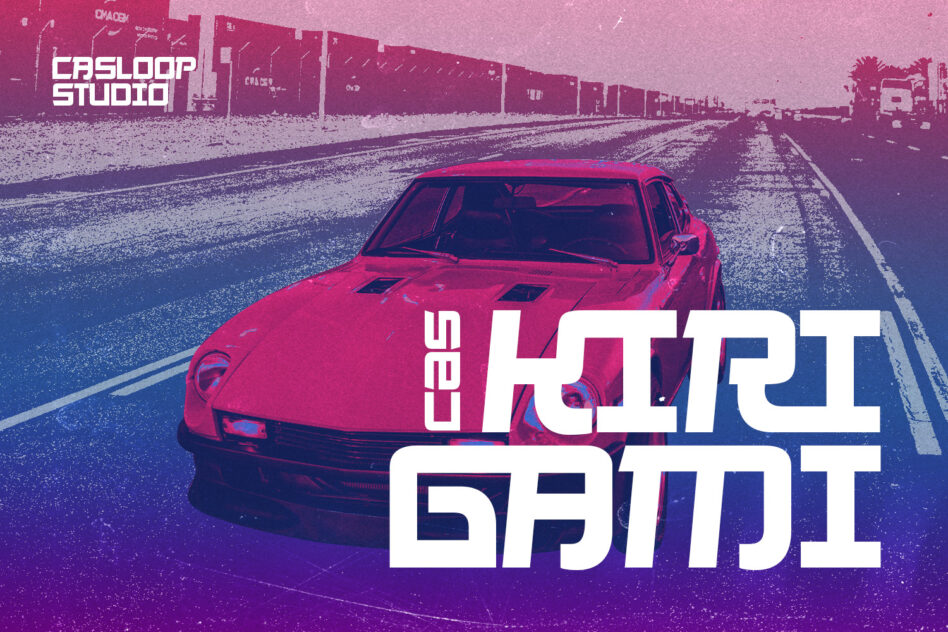Red sports car on desert highway with synthwave vibe, magenta blue gradient overlay, industrial backdrop