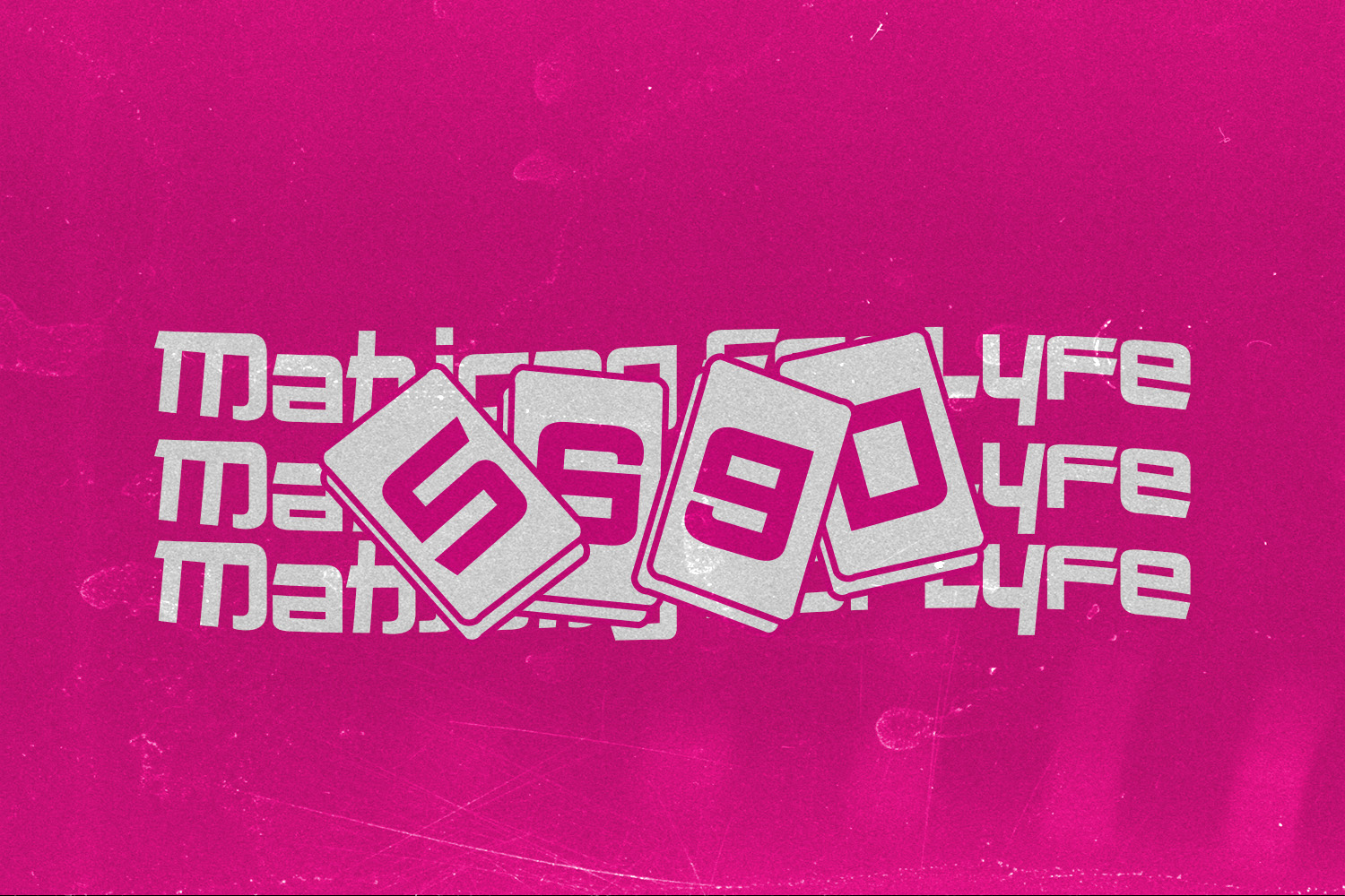 Bright magenta background with tilted playing cards showing numbers, repeated text in silver metallic lettering