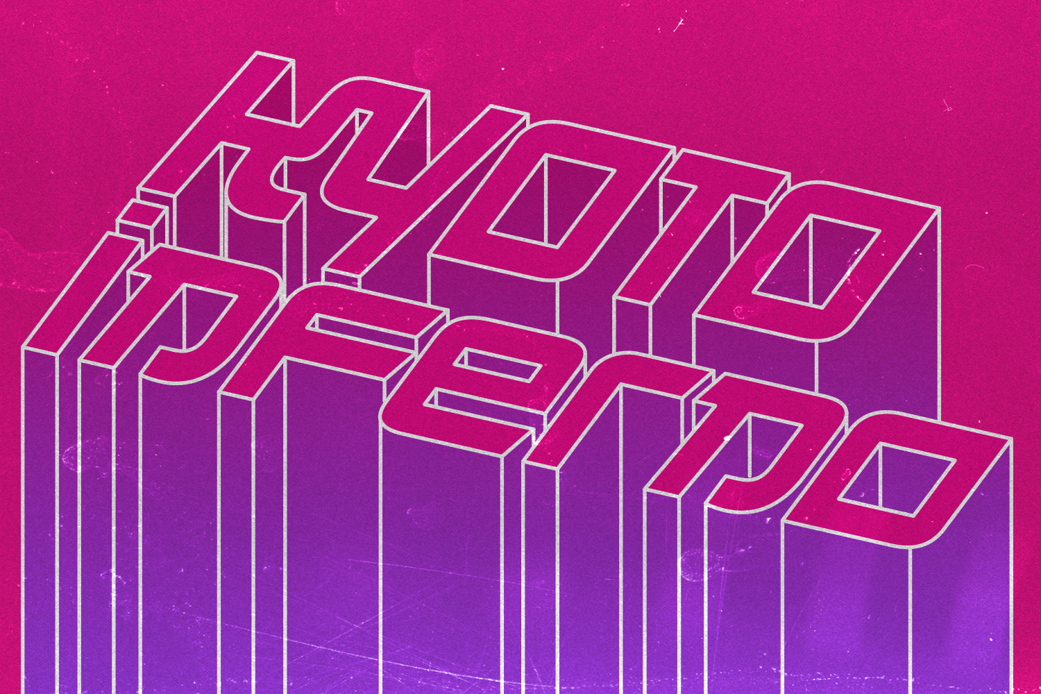 Bold 3D isometric typography in neon outline against vibrant magenta to purple gradient background with texture