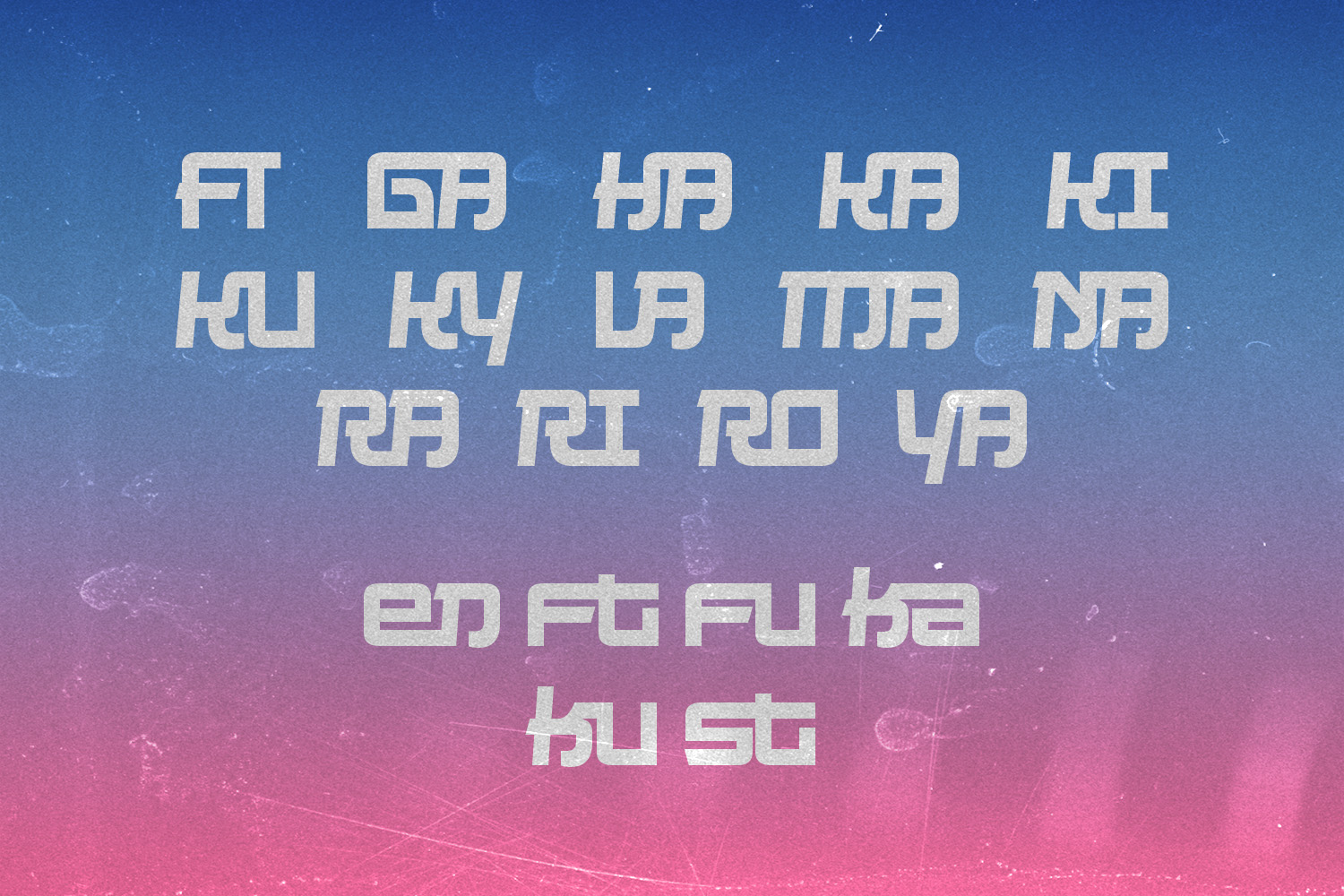 Retro geometric font with full character set on blue to pink gradient starry background
